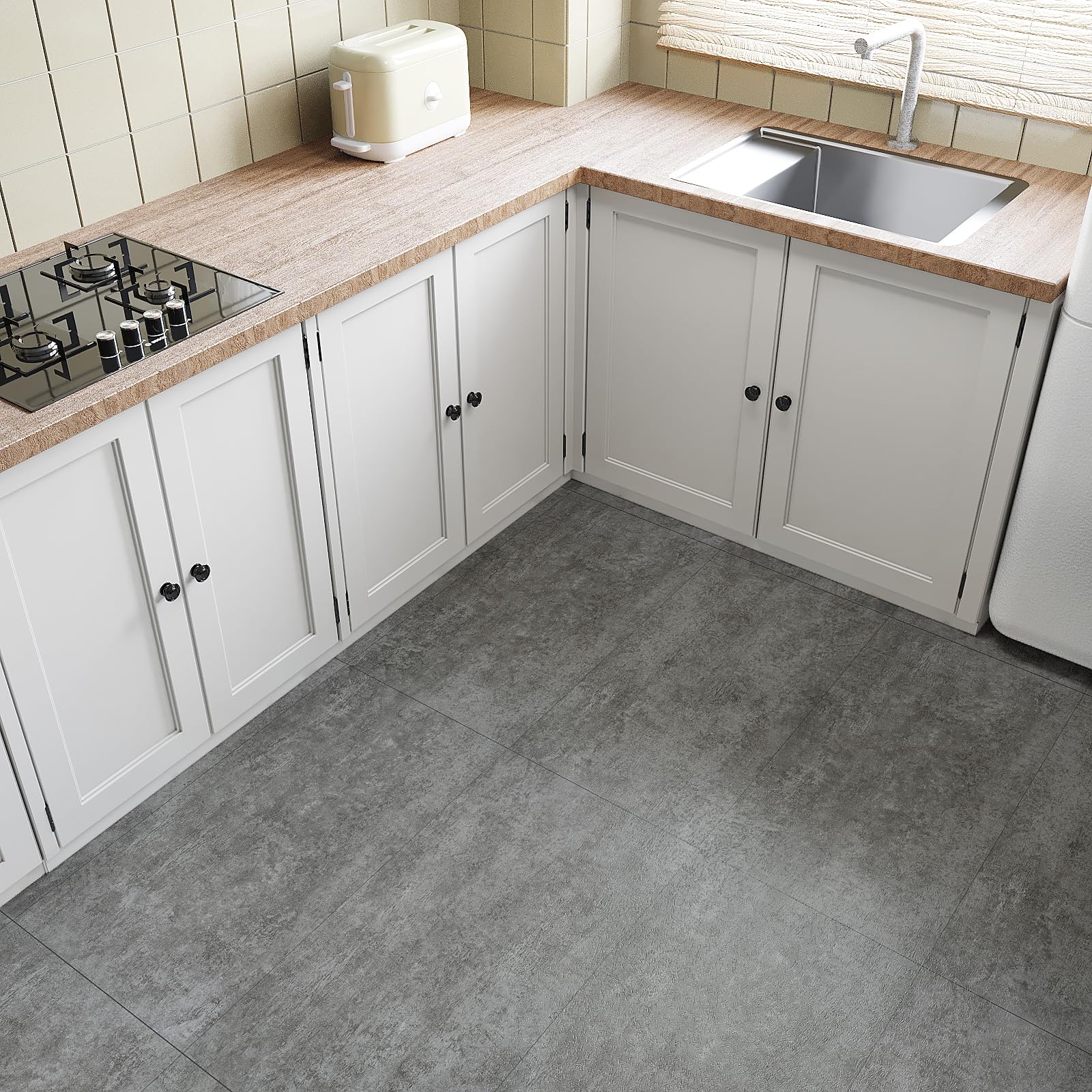 VEELIKE Suelo Vinilo Autoadhesivo Gris Vintage Vinilo Suelo Cocina Adhesivos Pegatinas de Baldosas Suelo Vinilico Cemento Papel Adhesivo para Azulejos Baño Habitación Salon 1,5mm 60cm×30cm 24 Piezas