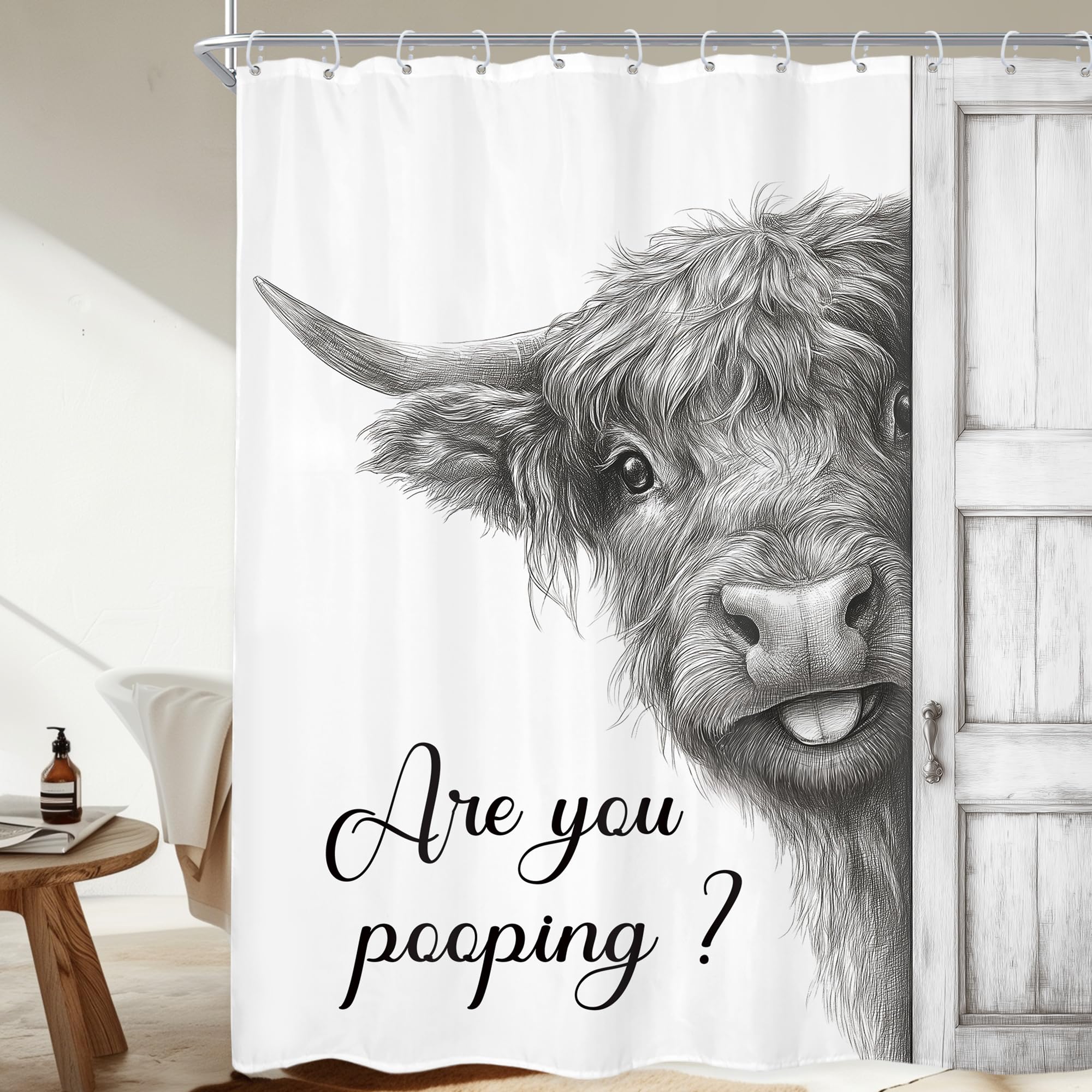 Funny Highland Cow Shower Curtain 60Wx72L Inch Black and White Rustic Farmhouse Wooden Door Bathroom Set Humorous are You Pooping Waterproof Bath Decoration Accessories Home Decor
