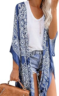 Moss RoseWomen's Beach Cover up Swimsuit Kimono Cardigan with Bohemian Floral Print