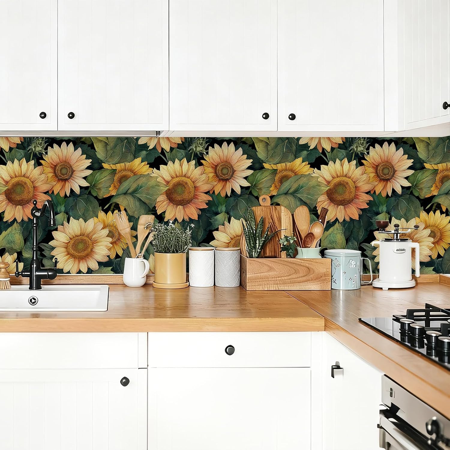 Vintage Moody Sunflower Floral Wallpaper Self Adhesive Peel and Stick Botanical Leaf Watercolor Flower Contact Paper Removable Waterproof for Bedroom Living Room Decor Renter friendly 17.71"x 236.2"