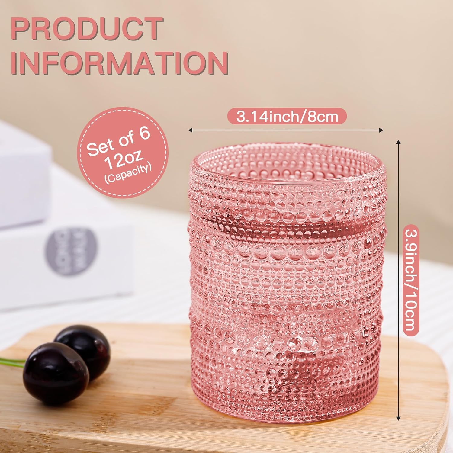Pink Vintage Hobnail Drinking Glasses Set of 6, Embossed Water Tumbler 12oz, Kitchen & Bar Beaded Glass Cups, Beverage Glass Cups for Water, Beer, Juice, New Year gifts - Image 2