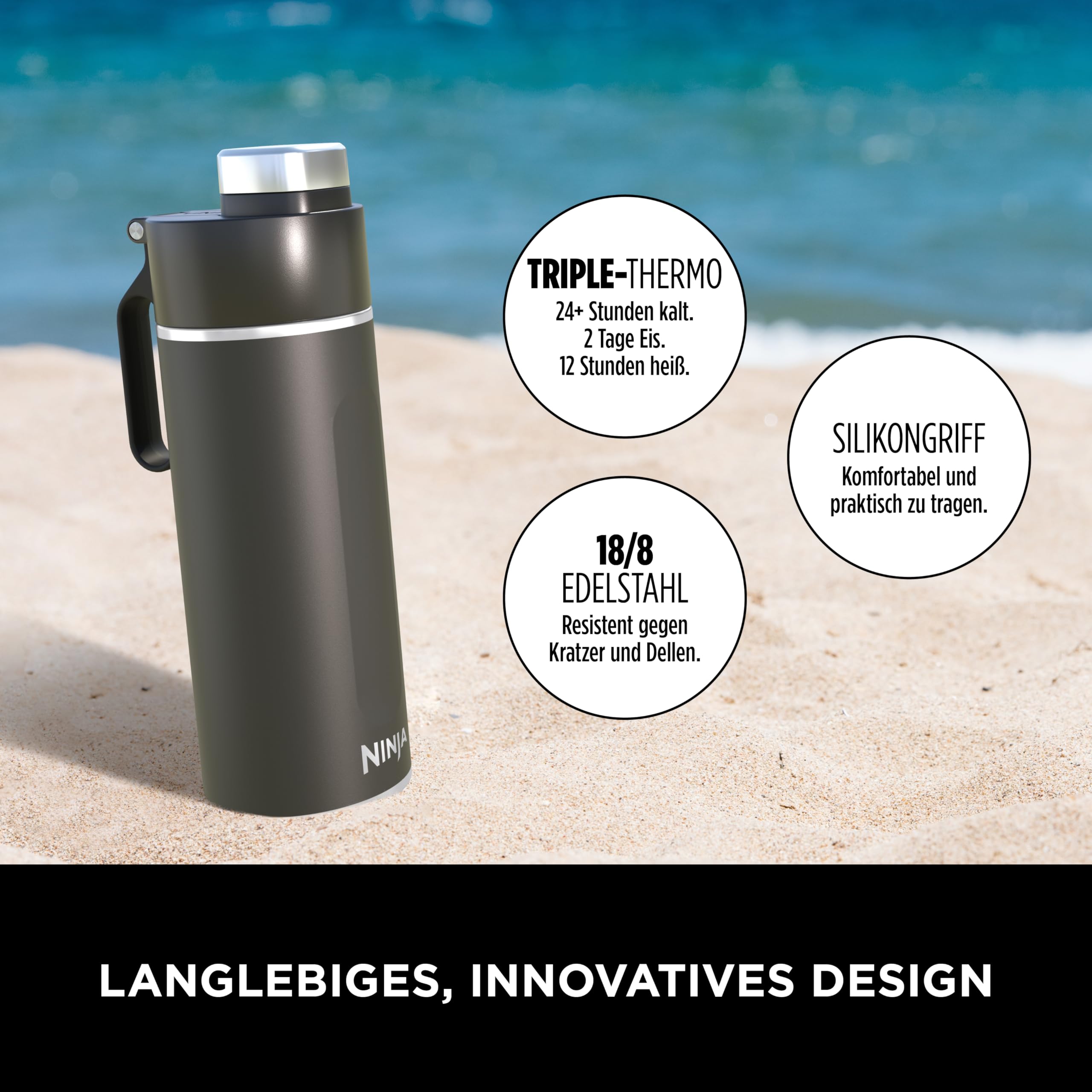 Ninja Thirsti Wasserflasche/Thermobecher to go, Schwarz, DW2401EUUKBK | 700ml, auslaufsicherer Deckel, für kohlensäurehaltige, heiße & kalte Getränke, dreifach isolierter Travel Mug
