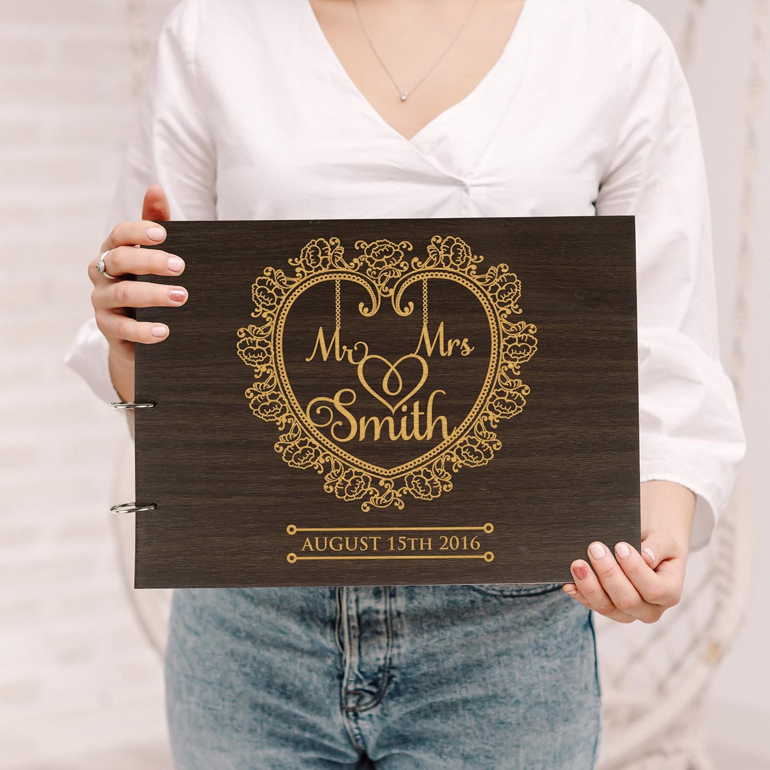 Darling Souvenir Personalized Engraved Laser Cut Wedding Guest Book Wooden Cover Sign-in Book Registry Guestbook Scrapbook-1R