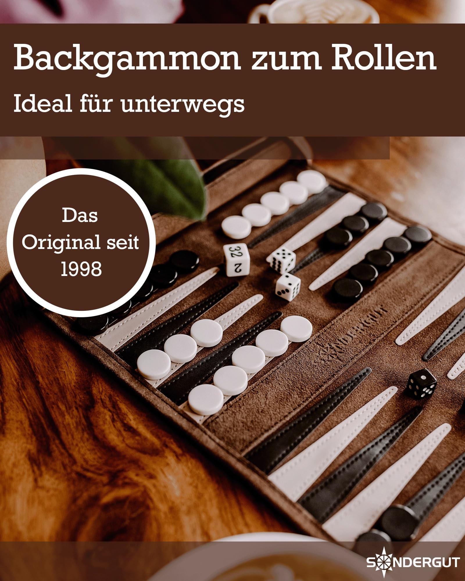 Sondergut Backgammon Brettspiel Mocca - Zum Rollen aus 100% Leder - Das Original seit 1998 Camper & Travel-Fans - 25x34cm