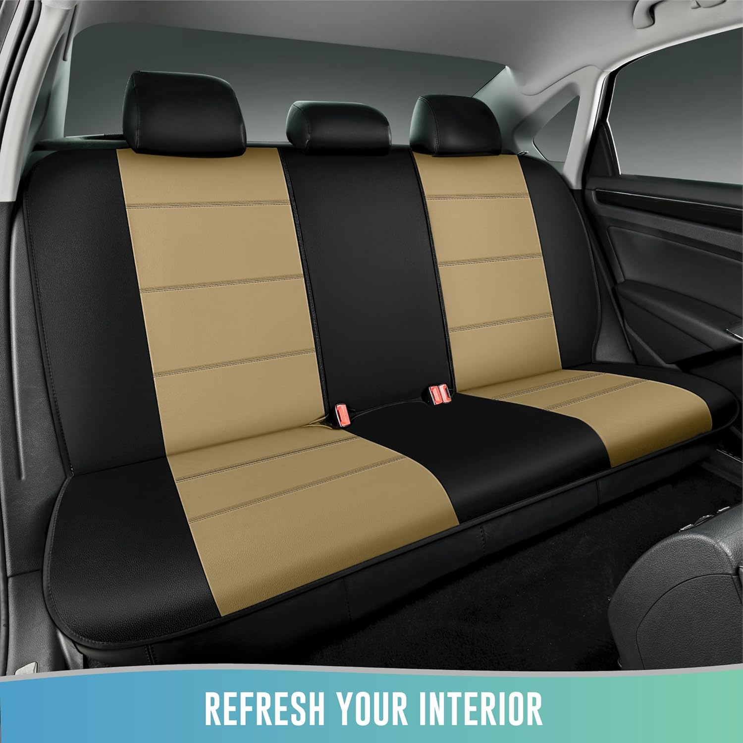 Road Comforts Car Seat Cover, Leather Full Set Car Seat Cover, Automotive Front Rear Seat Covers, Airbag Compatible Universal Fit for Most Cars (Beige)