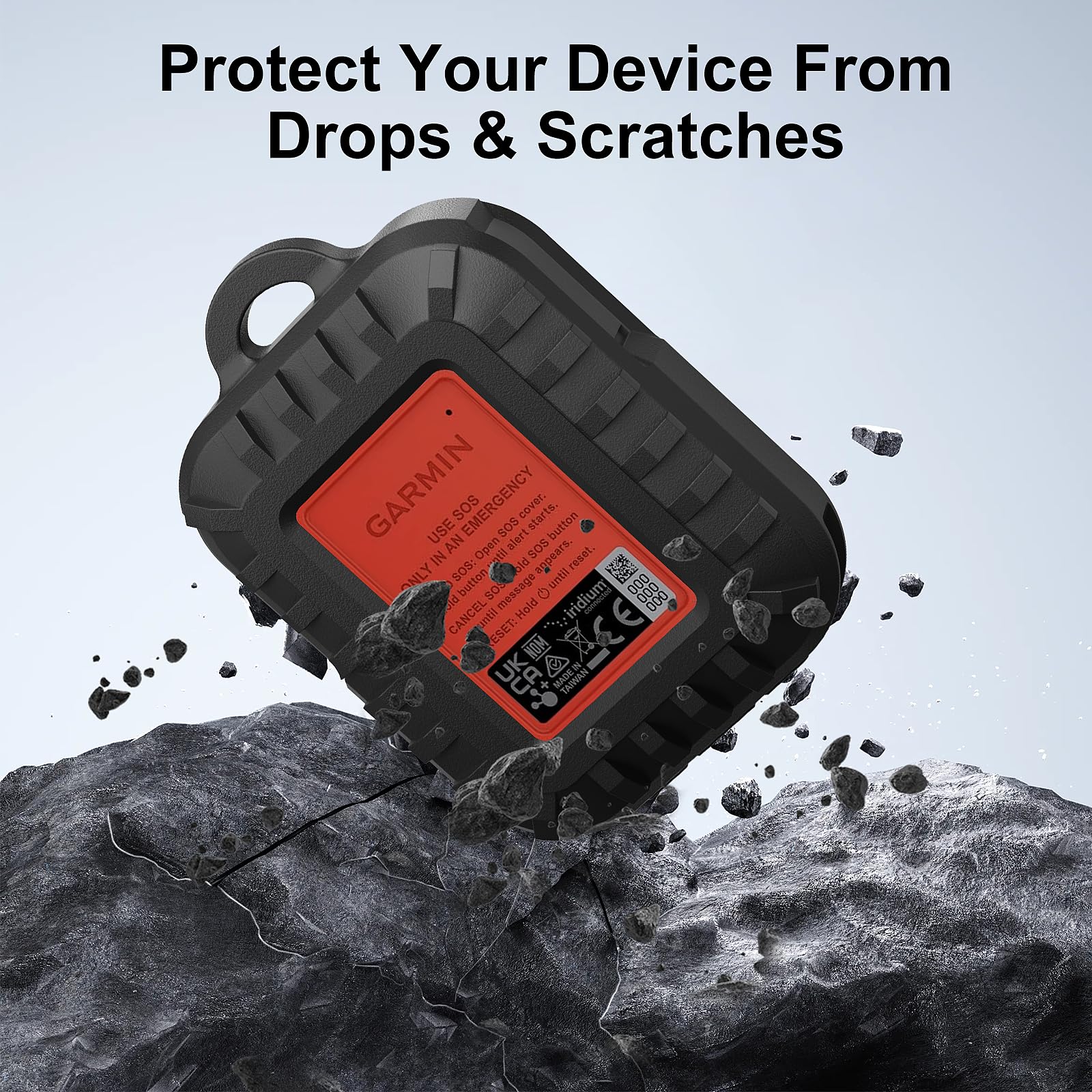 Coque de protection en silicone pour Garmin inReach Messenger Plus - Coque antichoc en silicone avec mousqueton - Design durable - Noir (coque uniquement)