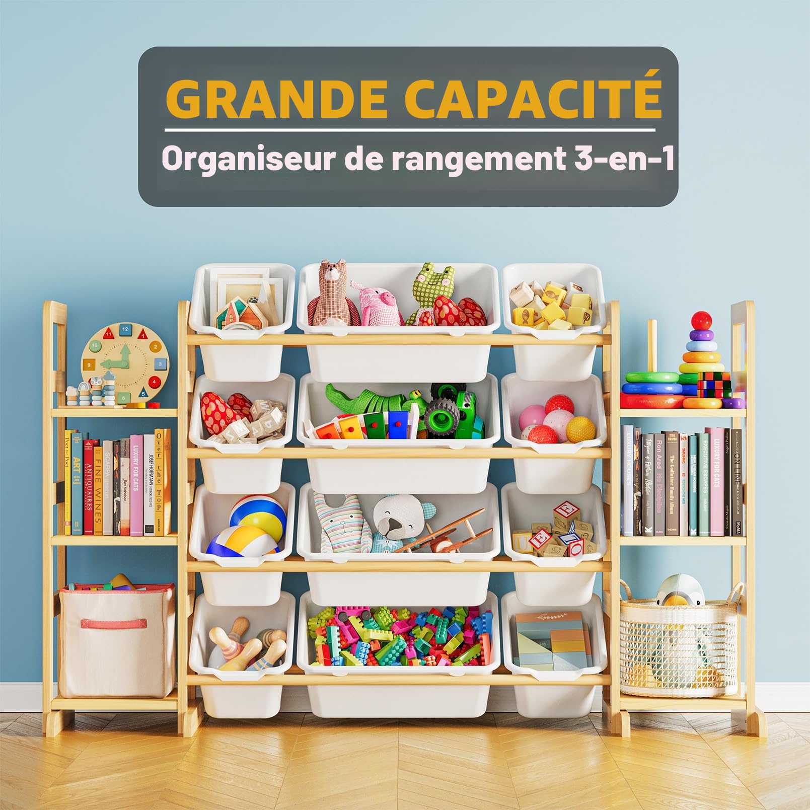 SpaceAid Meuble Rangement Enfant avec 6 Étagères et 12 Bacs, Bibliotheque Enfant, Meuble de Rangement Enfant avec Bacs pour Chambre et Salle de Jeux - Blanc