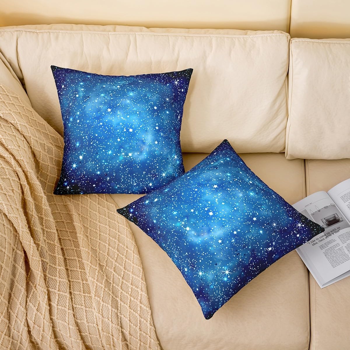 Galaxy Throw Pillow Covers 24"x24" Set of 2 Soft Outer Space Decorative Throw Pillowcases for 3D Printed Space Pillow Cases Cushion Covers Space Outer Sky Blue Glitter Universe Galaxy Cushion Cases