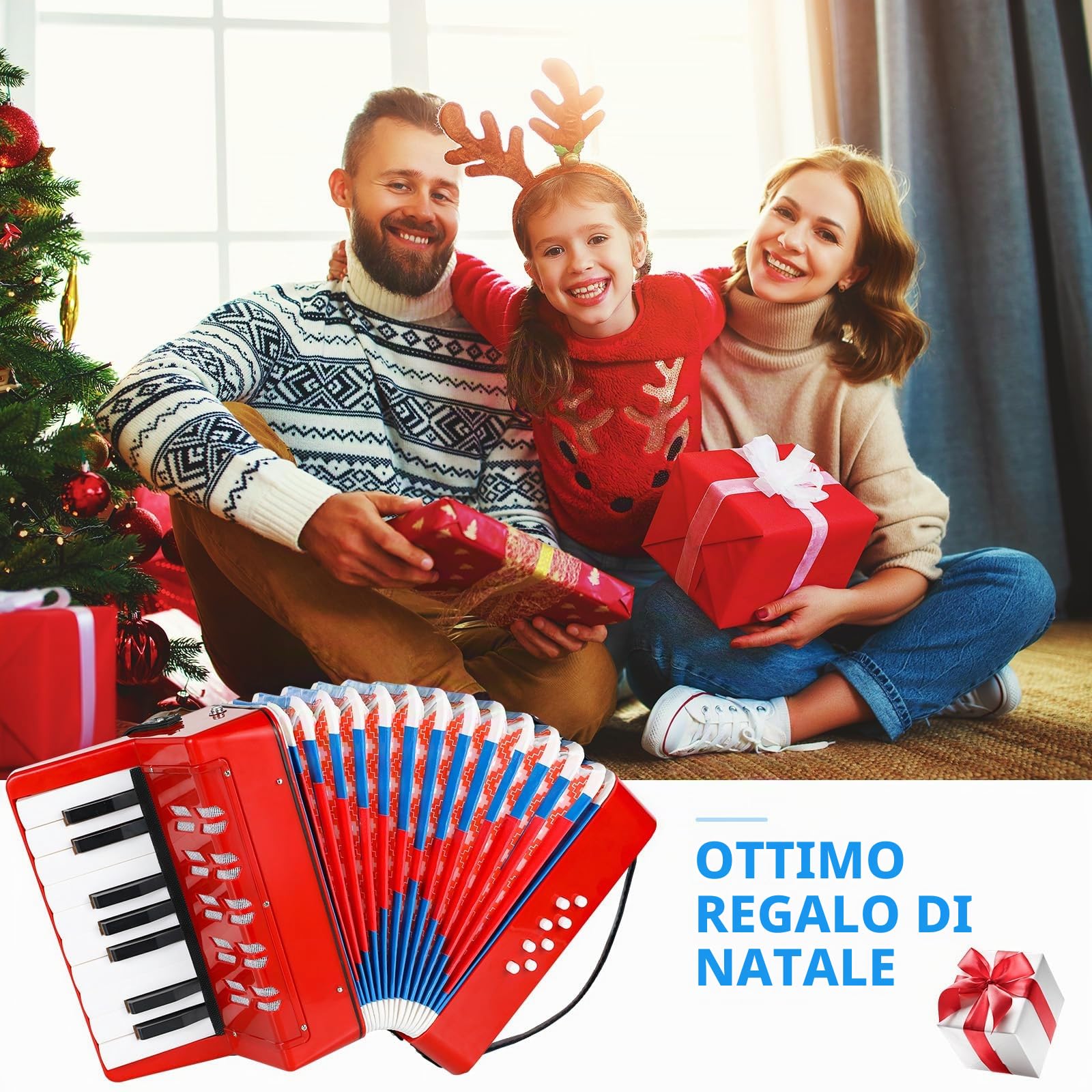 Fisarmonica per Bambini 17 Tasti 8 Bassi Pianoforte Organetto con Cinghie Regolabili Strumento Musicale per Principianti Rosso