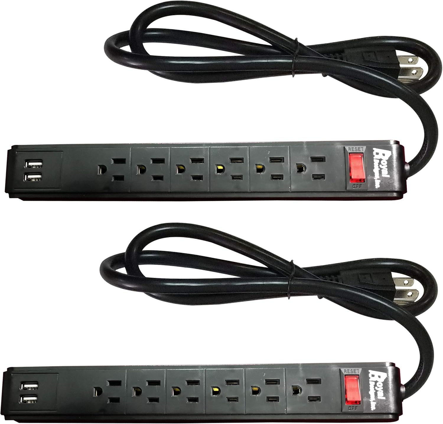 Royal Designs 6 Outlet Surge Protector Power Strip 3 Foot Long Extension Cord with 2 USB Ports, 300 Joule, Black, Set of 2
