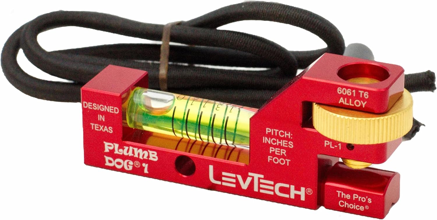 LEVTECH Plumbers' Gradient 1-Vial Compact Level, with Elastic Pipe Strap and Thumbwheel PL1 Replaceable Vial Compatible Slotted Screwdriver
