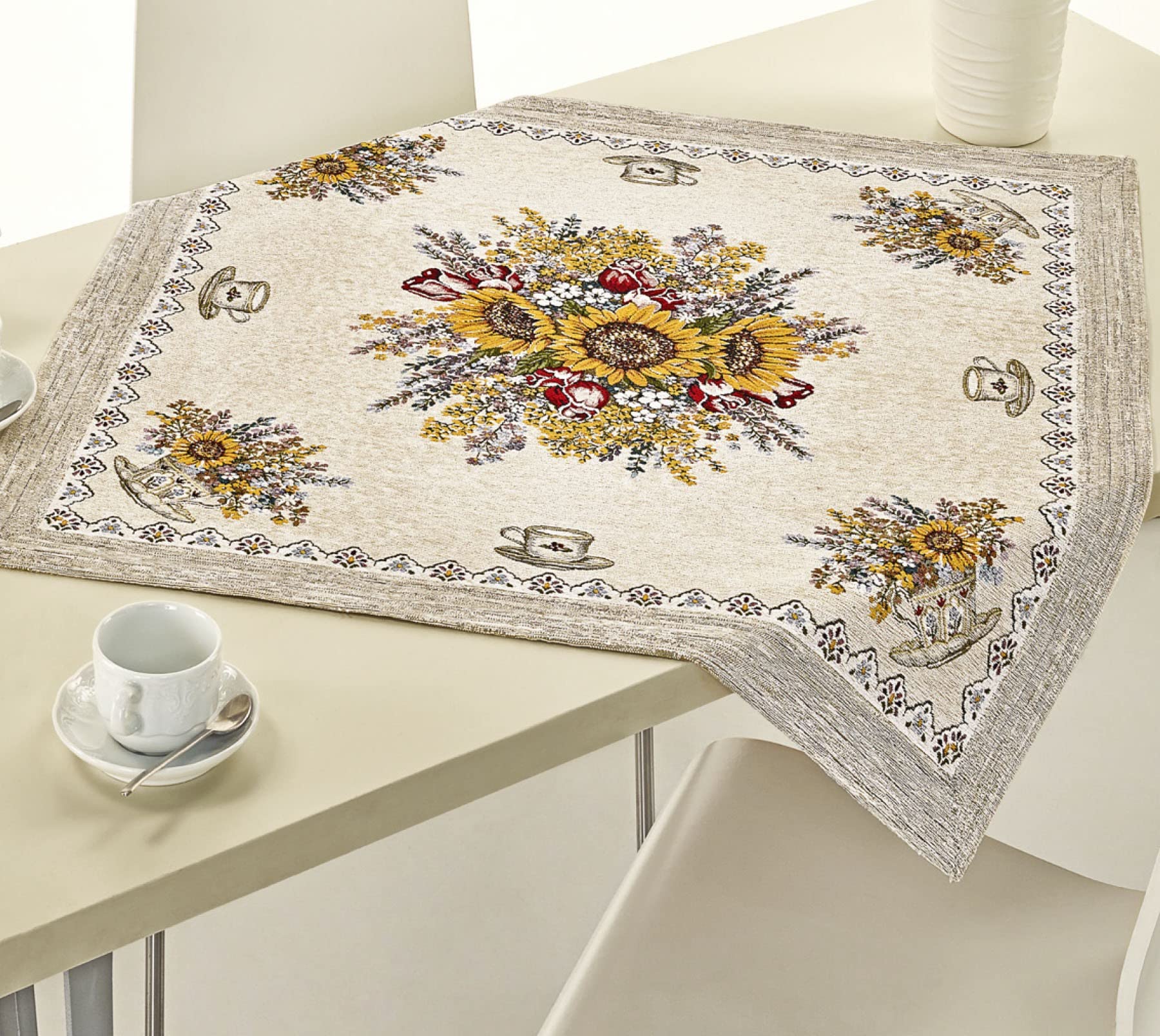 Confezioni Giuliana - Tovaglia Copritavolo Jacquard Cinigliato Girasoli 140x140 cm, 60% Poliestere 40% Cotone, Made in Italy