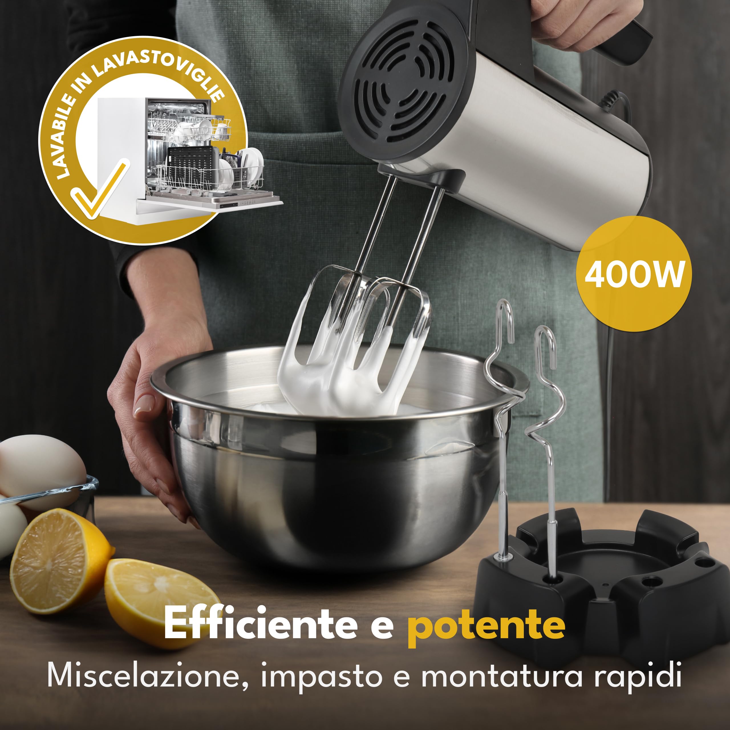 LEBENLANG 400W Sbattitore elettrico - 5 velocità e turbo incl. Supporto I Fruste elettriche Frullino elettrica per dolci I Frusta da cucina professionale Montapanna Batidora eléctrica hand mixer