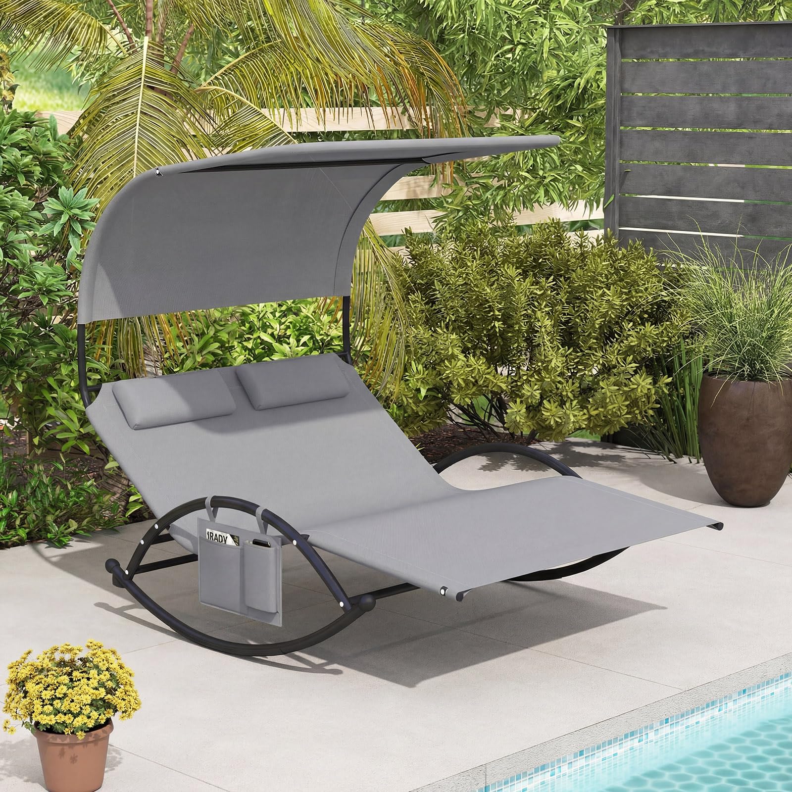 GIANTEX Chaise Longue de Jardin à Bascule pour 2 Personne, Poche Latérale, Transat Double à Bascule, Charge 300 kg, Auvent Pare-Soleil, 2 Oreillers Amovibles, Cadre en Métal, pour Jardin, Balcon, Gris
