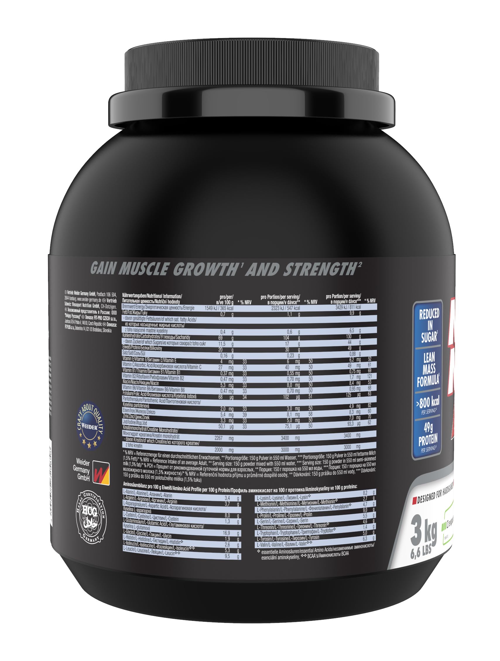Weider Mega Mass 4000 3 kg - Legendarny Gainer z Węglowodanami, Białkiem, Monohydratem Kreatyny Creapure, Witaminami i Minerałami, Smak Truskawkowy