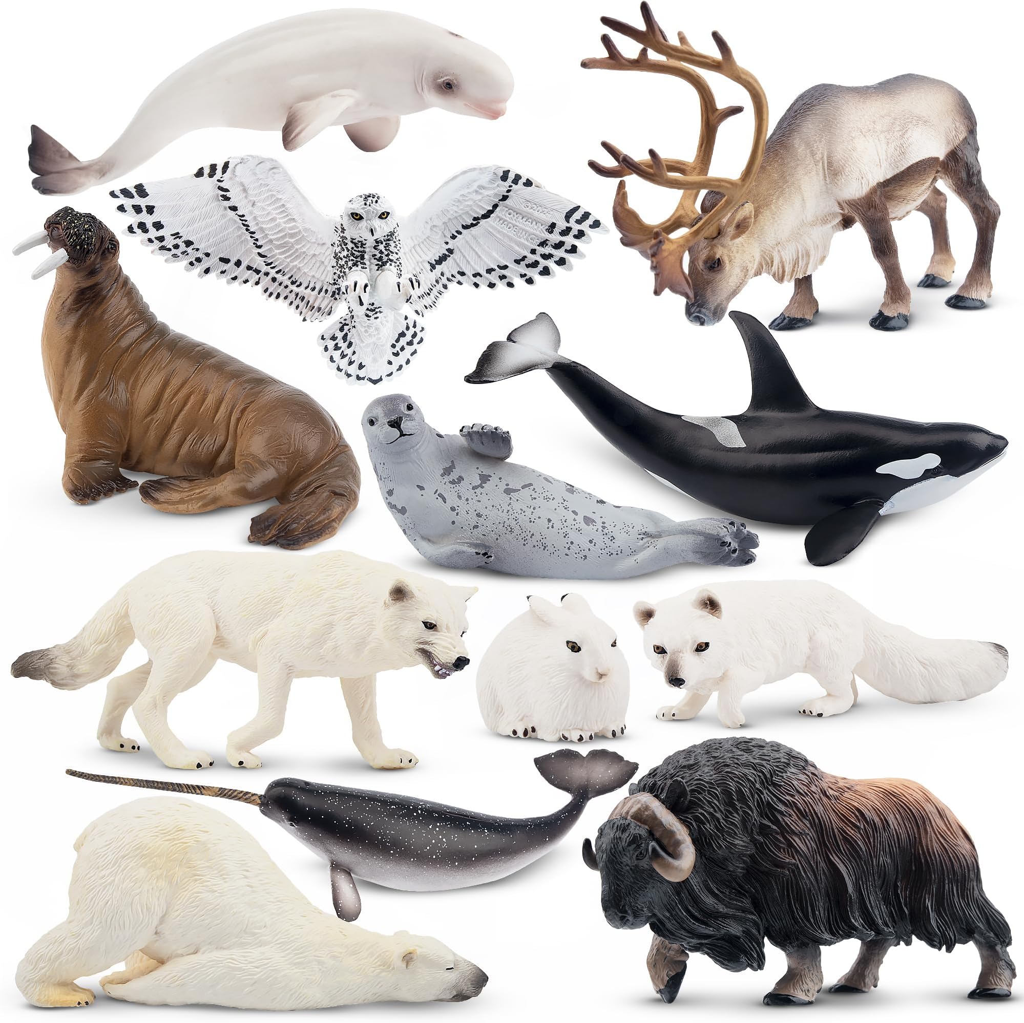 Toymany 10PCS 4-7" Realistic Polar Animal Figurines, Plastic Arctic Animal Toy Set Includes Polar Bear,Caribou,Whales,Walrus, Cake Toppers Christmas Birthday Toys Gift for Kids Toddlers