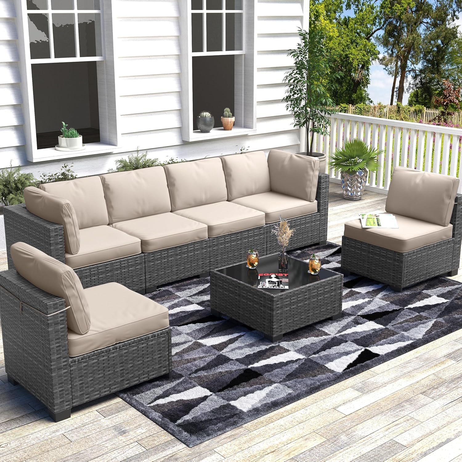 Piece Outdoor Patio Furniture Set with Coffee Table, Rattan Deck  Conversation Sofa Set, All-Weather Sectional Rattan Sofa with Glass Top  Coffee