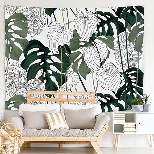 Miniatura 1 de JOYPLUS Tapiz de terciopelo blanco y verde con hojas de palmera, tapiz con patrón de plantas naturales tropicales, para colgar en la pared para