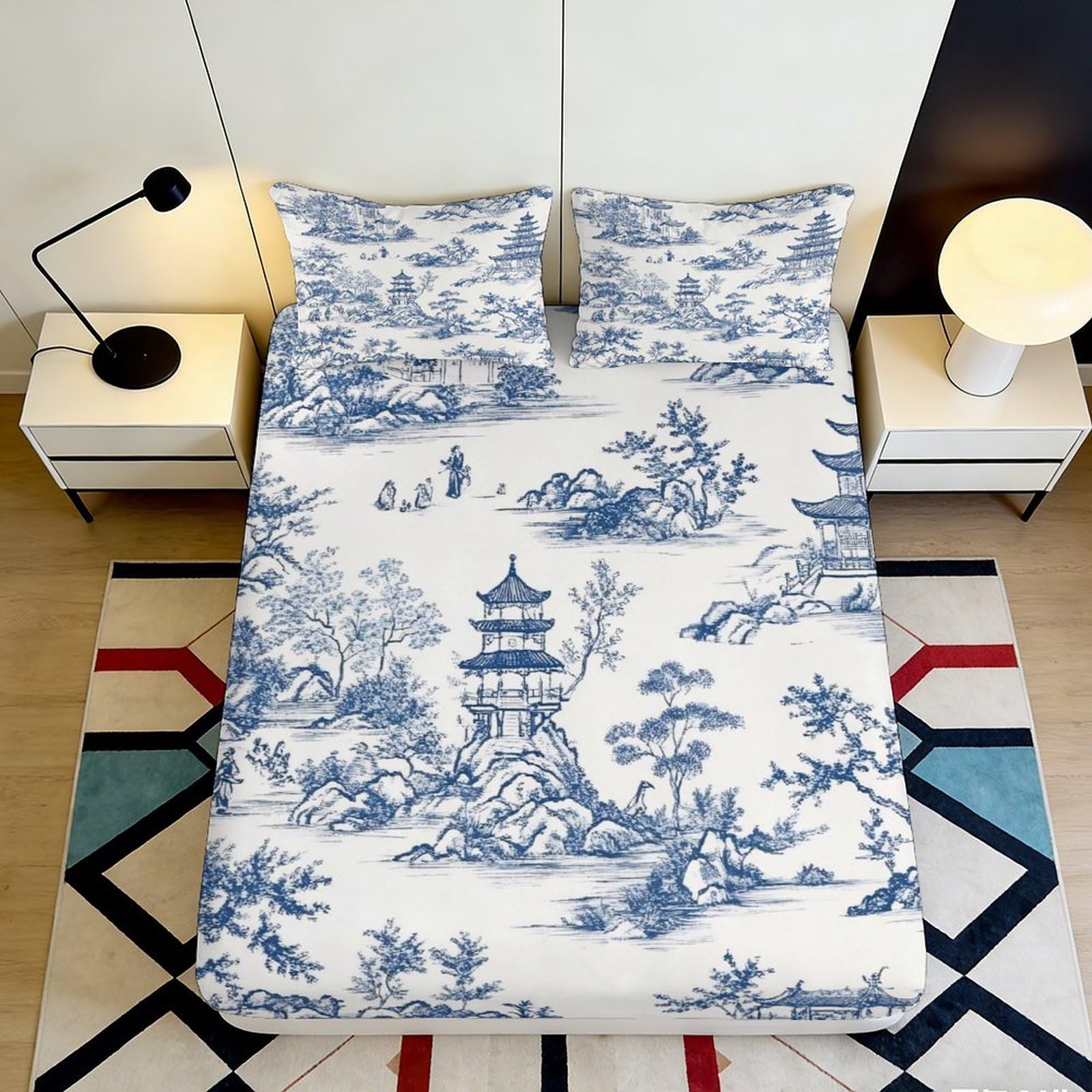 3D Printed Blue Oriental Landscape Fitted Sheet Microfiber Soft Decorative Pagoda Bed Cover for Bedroom Dorm Mattress Protection 200x200x25cm