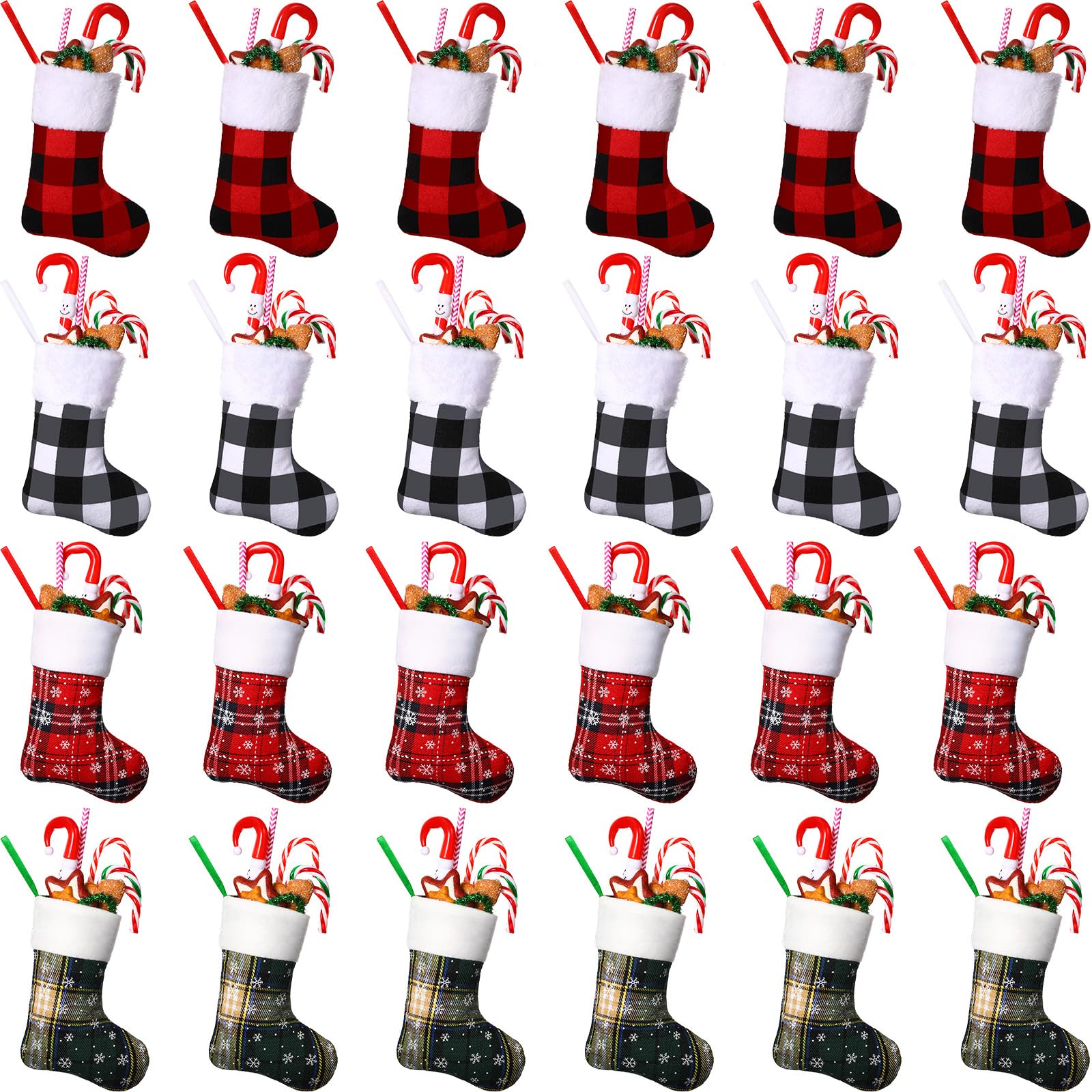Lot de 24 chaussettes de Noël de 17,8 cm, mini chaussettes classiques à carreaux rouges et verts avec flocons de neige et poignets en polaire pour décoration de Noël familiale, décorations de Noël