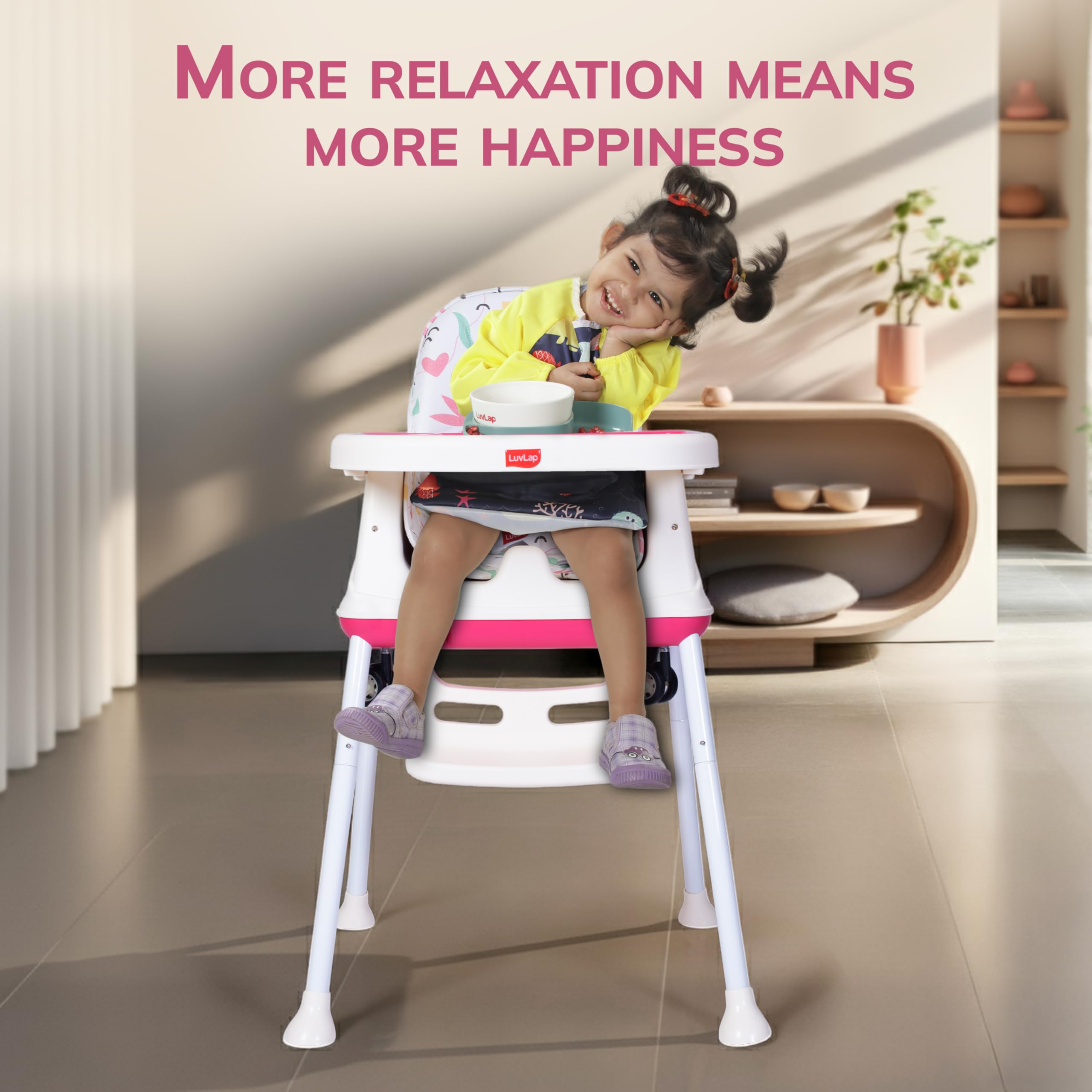 LuvLap 4 in1 High Chair for Baby/Kids, Toddler Feeding Booster Seat with Wheels, PVC Cloth, 3 Height adjustments, with Cushion, 6 Month to 3 Years, Portable (White & Pink) 2