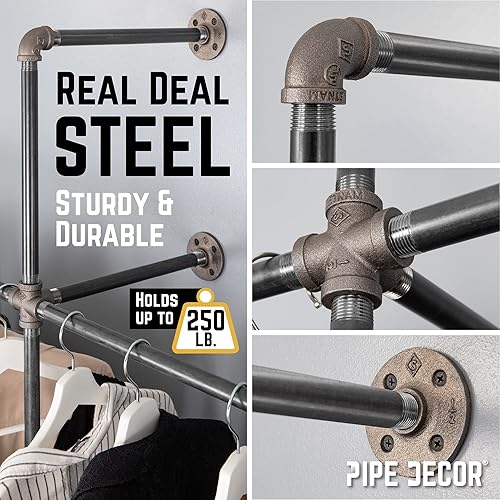 Miniatura 3 de PIPE DECOR Perchero modular montado en la pared y en el piso, 41 in W x 87.5 in H, Tubo de acero negro, accesorios y bridas, Diseño industrial y