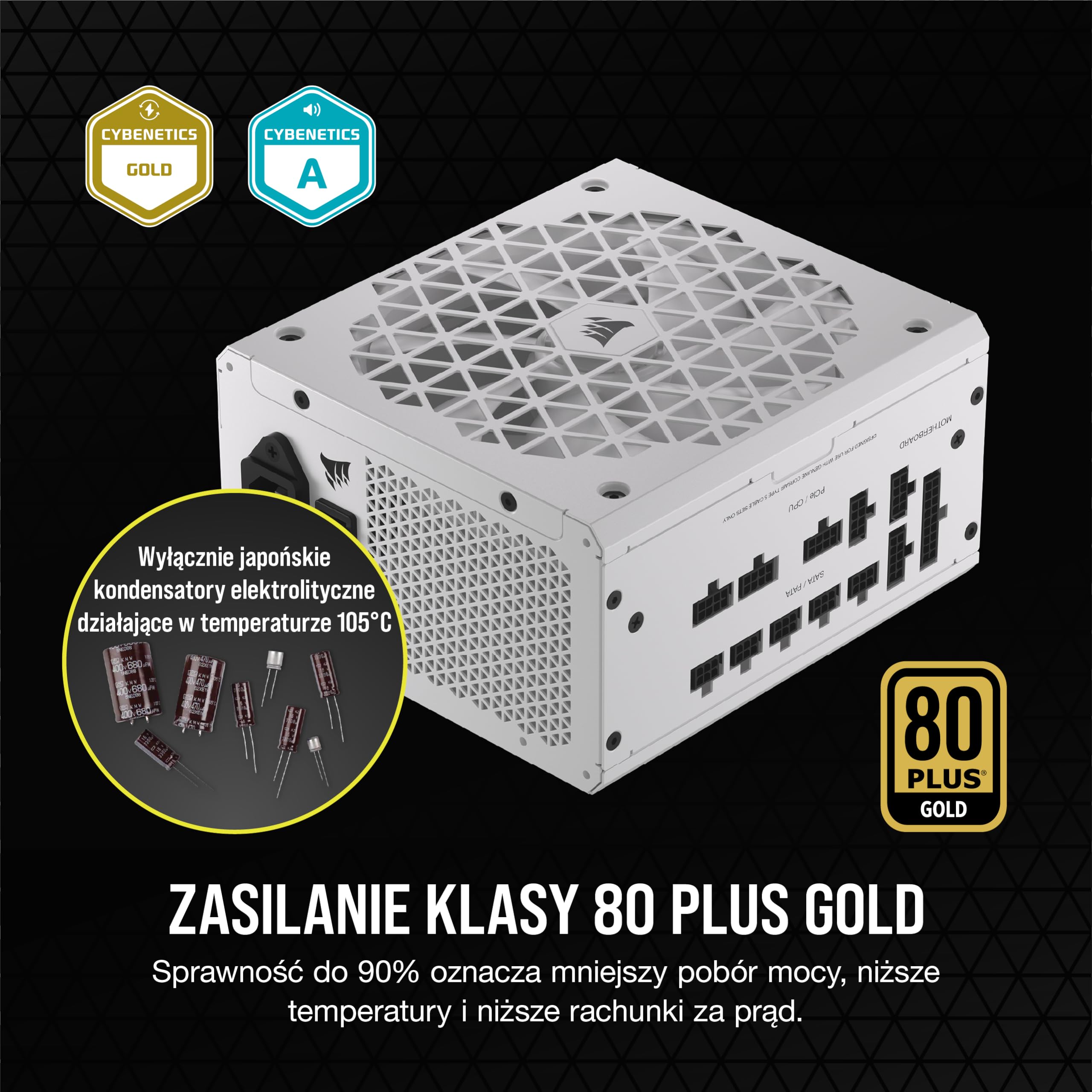 CORSAIR RM850x SHIFT Pełni Modułowy Zasilacz ATX - 80 PLUS Gold - ATX 3.1 - PCIe 5.1 - Zero RPM - Modułowy Interfejs Boczny - Biały