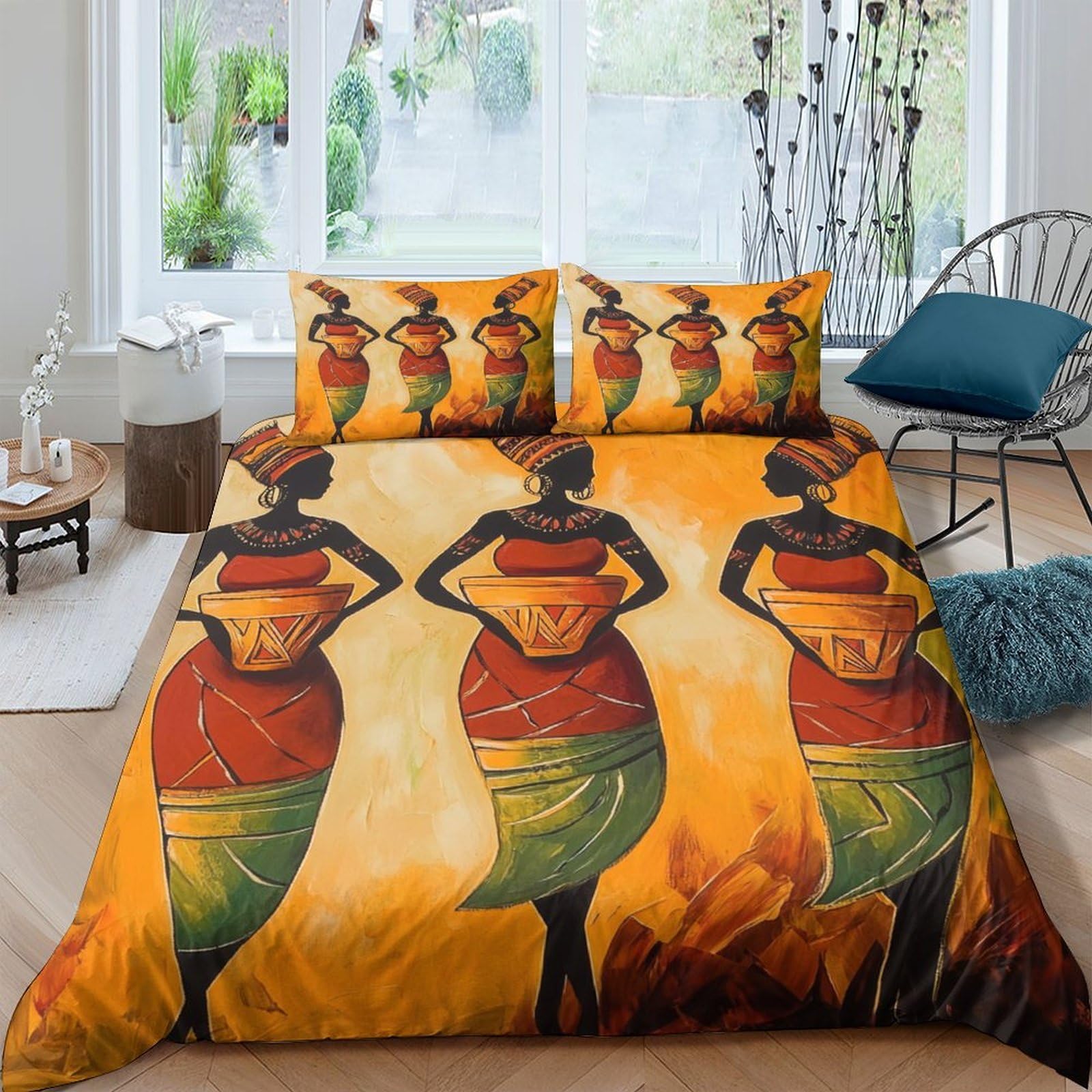 Ctjqhvkz Style-1 3D Printed African Tribal Art Fitted Sheet Microfiber Soft Orange Green Ethnic Bed Cover For Bedroom Decor Single（135X200cm）