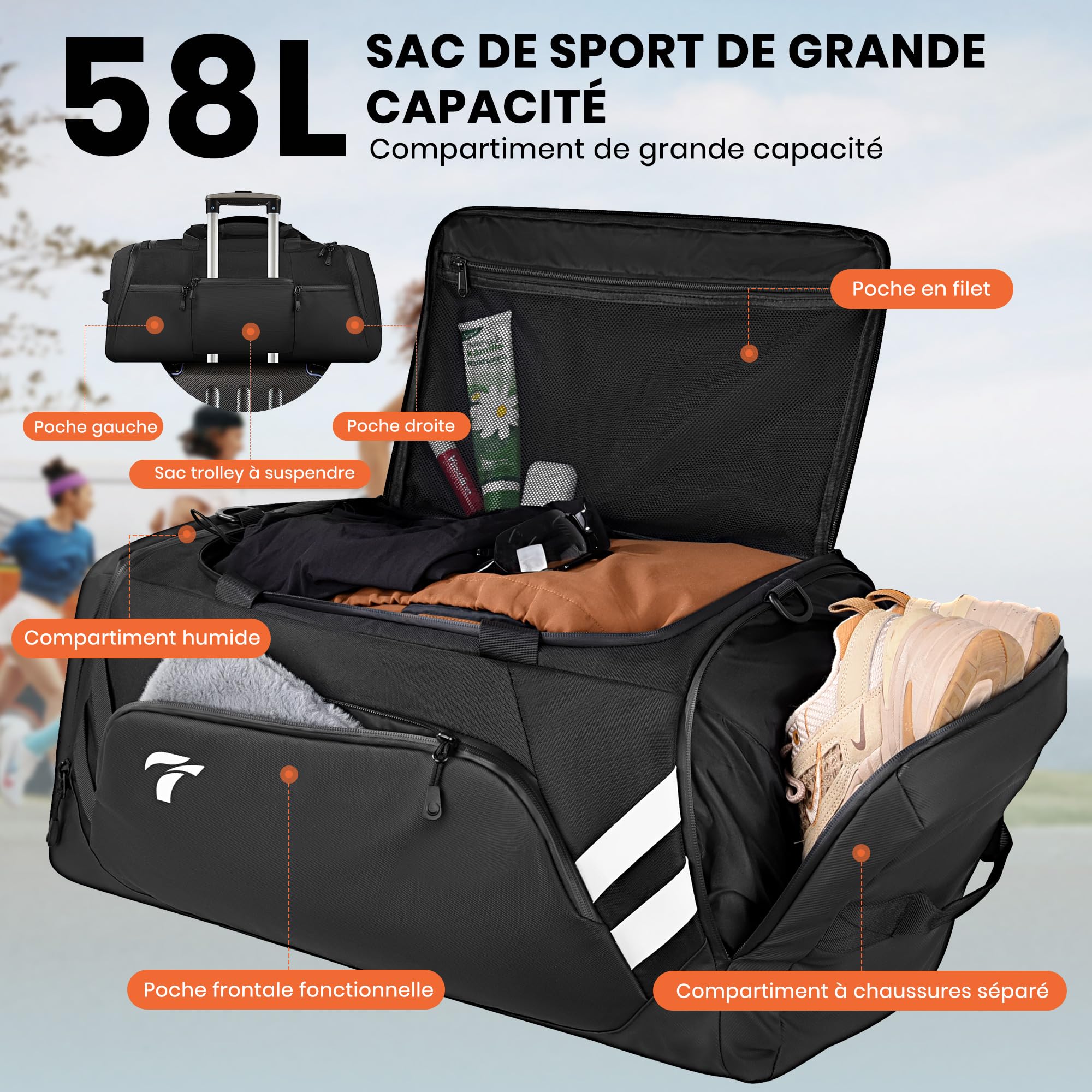 Sac de Sport Homme Femme, 58L Sac de Voyage Deux Bretelles Dissimulables | Sac de Sport avec Compartiments Chaussures et Humide, Sac Sport étanche pour Voyage, Natation, Yoga, Randonnée,Camping