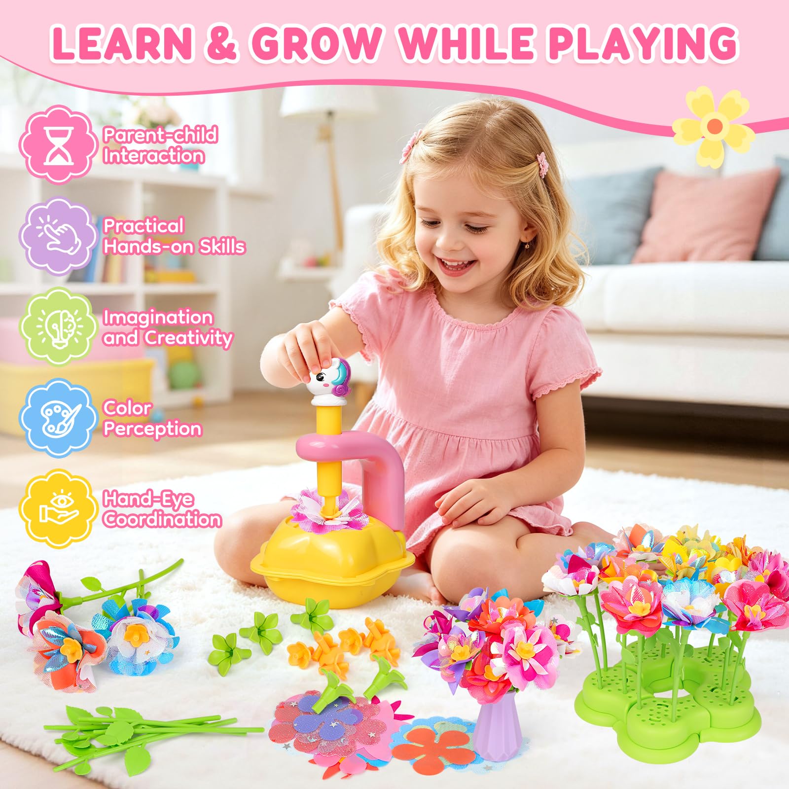 Blumen Basteln Kinder 3-12 Jahre, Bastelset Mädchen, Blumenpresse Kinder, Kreatives Geschenk, Blumenstrauß Spielzeug, DIY Blumen Bastelset Kinder ab 3 Jahre, Geschenk für Geburtstag Weihnachten