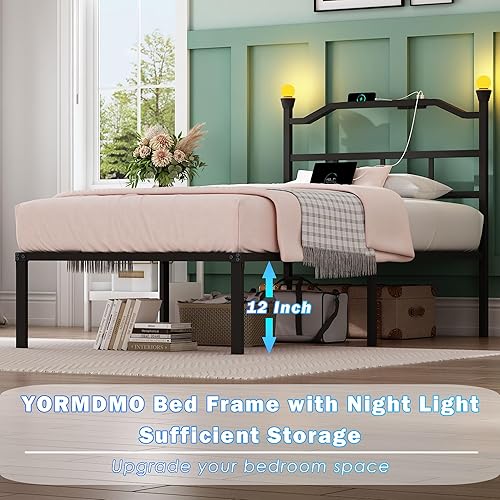 Miniatura 4 de Marco de Cama Twin XL con Cabecero, Marco de Cama de Metal de 14 Pulgadas con Luces Nocturnas de Entretenimiento, Enchufes y USB, Plataforma de