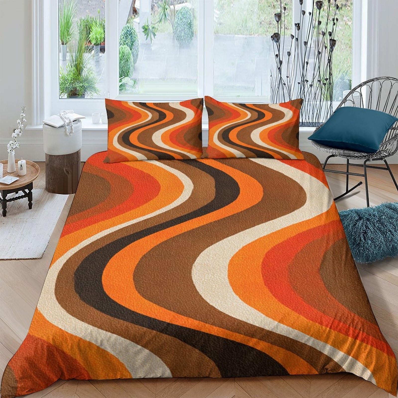 Ctjqhvkz Style-3 3D Printed Retro Wave Fitted Sheet Microfiber Orange Brown Swirl Mattress Cover Bedroom Decor Dustproof Washable Single（135X200cm）