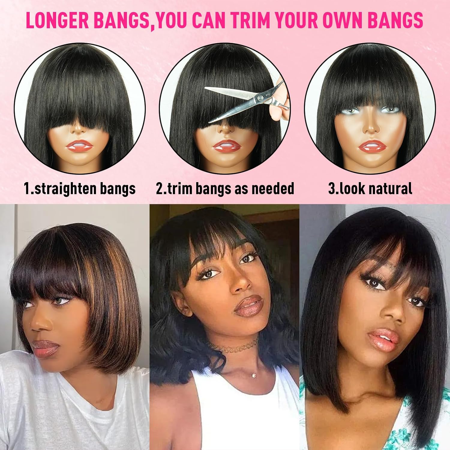 10 Inch Yaki Straight Bob Wig Human Hair with Bangs Ready to Go Short Blunt Cut Black Wigs 1X4 HD Lace Closure 200% Density Bob Wigs with Breathable Cap for Women