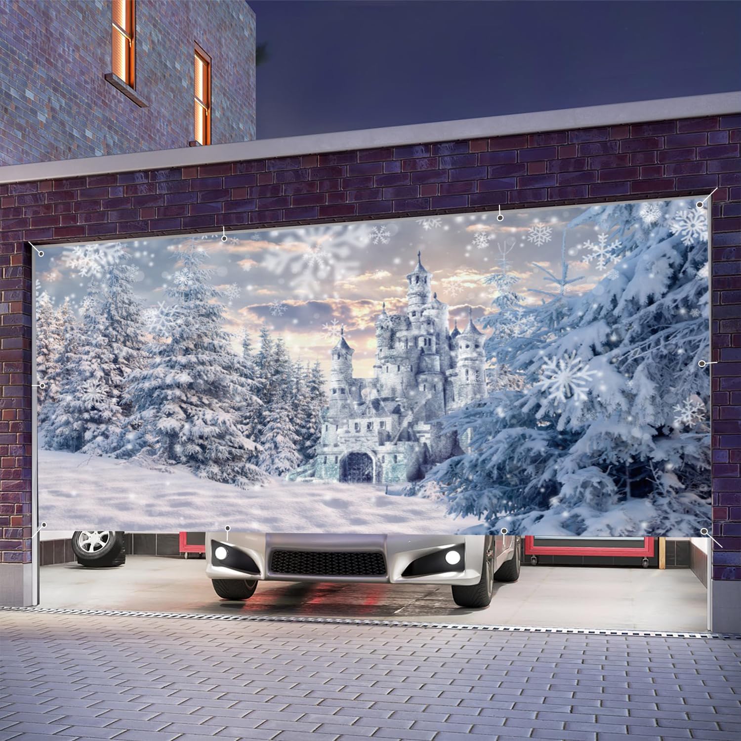 Leowefowa Winter Garage Door Decorations 15x8ft Winter Garage Door Cover Snow Pine Garage Door Banner Castle Yard Backdrop Decoration