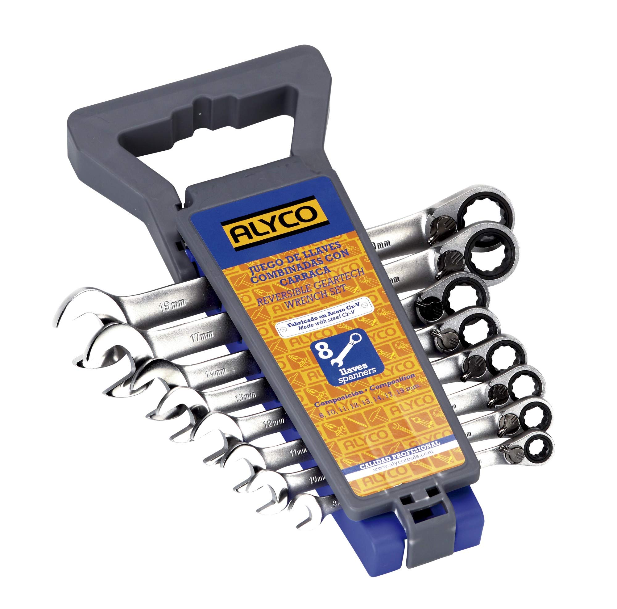 Alyco - Juego de 8 Llaves Combinadas con Carraca Reversible - 191876, Llaves Grises y Soporte Negro/Azul, 8, 10, 11, 12, 13, 14, 17 y 19 mm