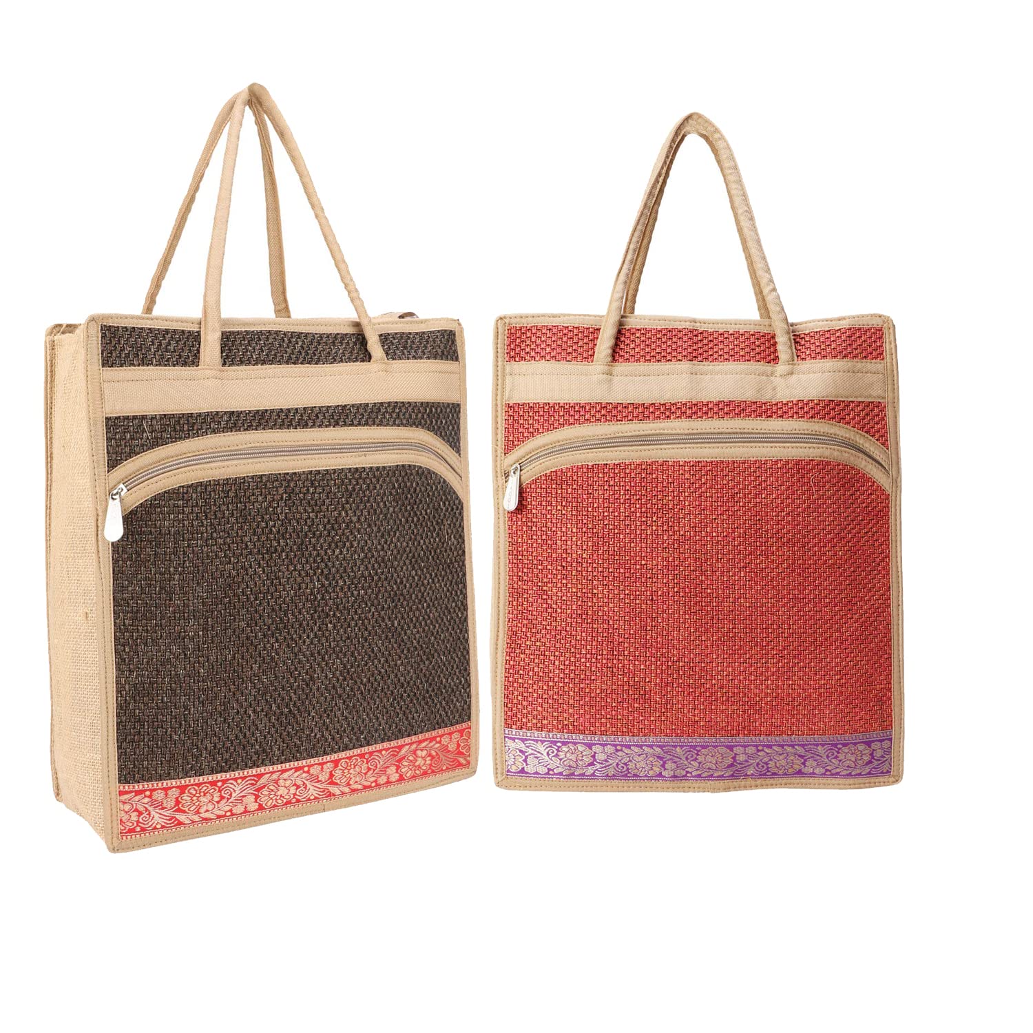 Fclues Jute Lunch Bag for Everyday Use with Top Zipper (Maroon and Brown)-picture-18