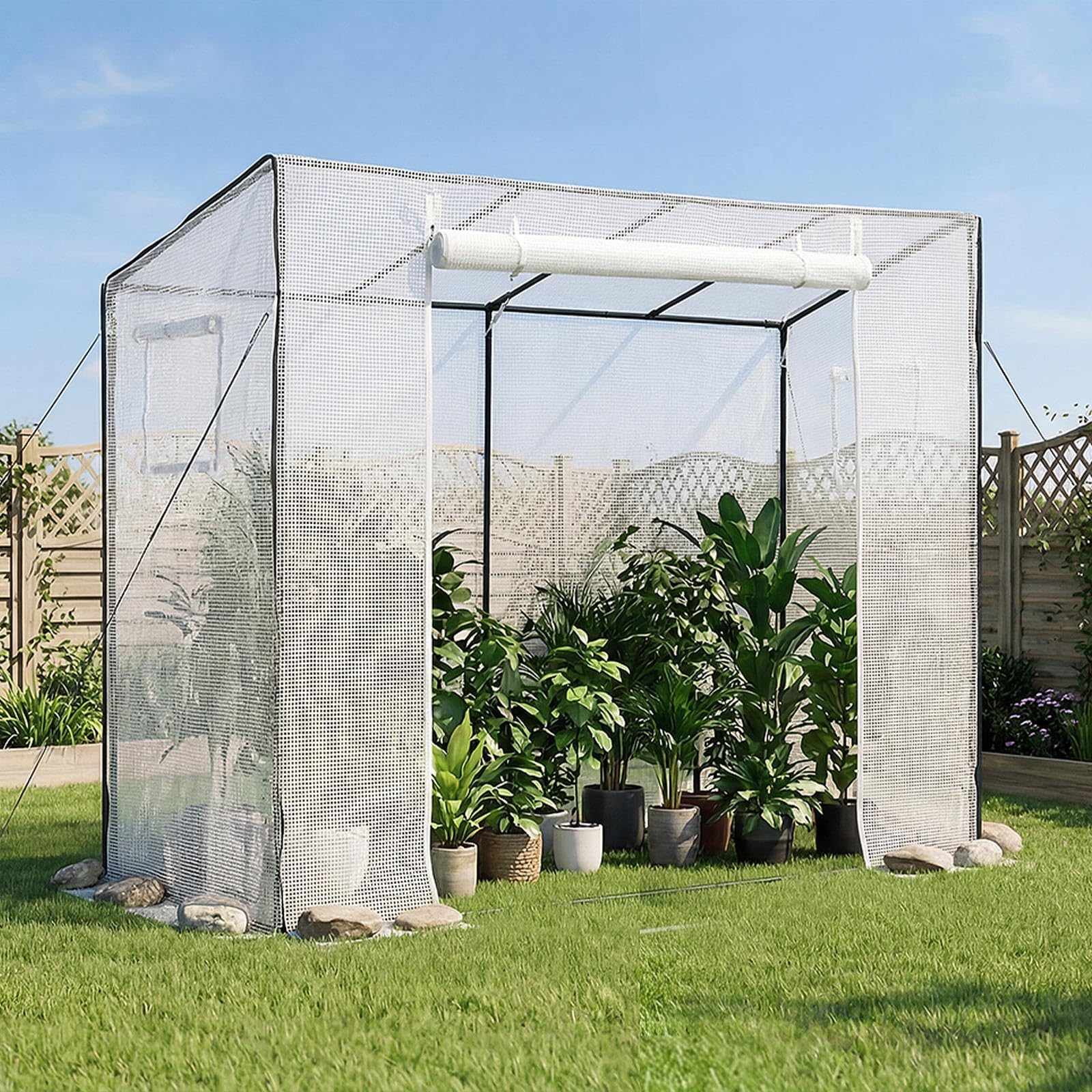 VEVOR Gewächshaus 195x77x146/168 cm, Foliengewächshaus, Tomatenhaus mit Pulverbeschichtetem Stahlrahmen, PE-Abdeckung, Aufrollbarer Reißverschlusstür & 2 Fenster, Treibhaus für Außenbereich