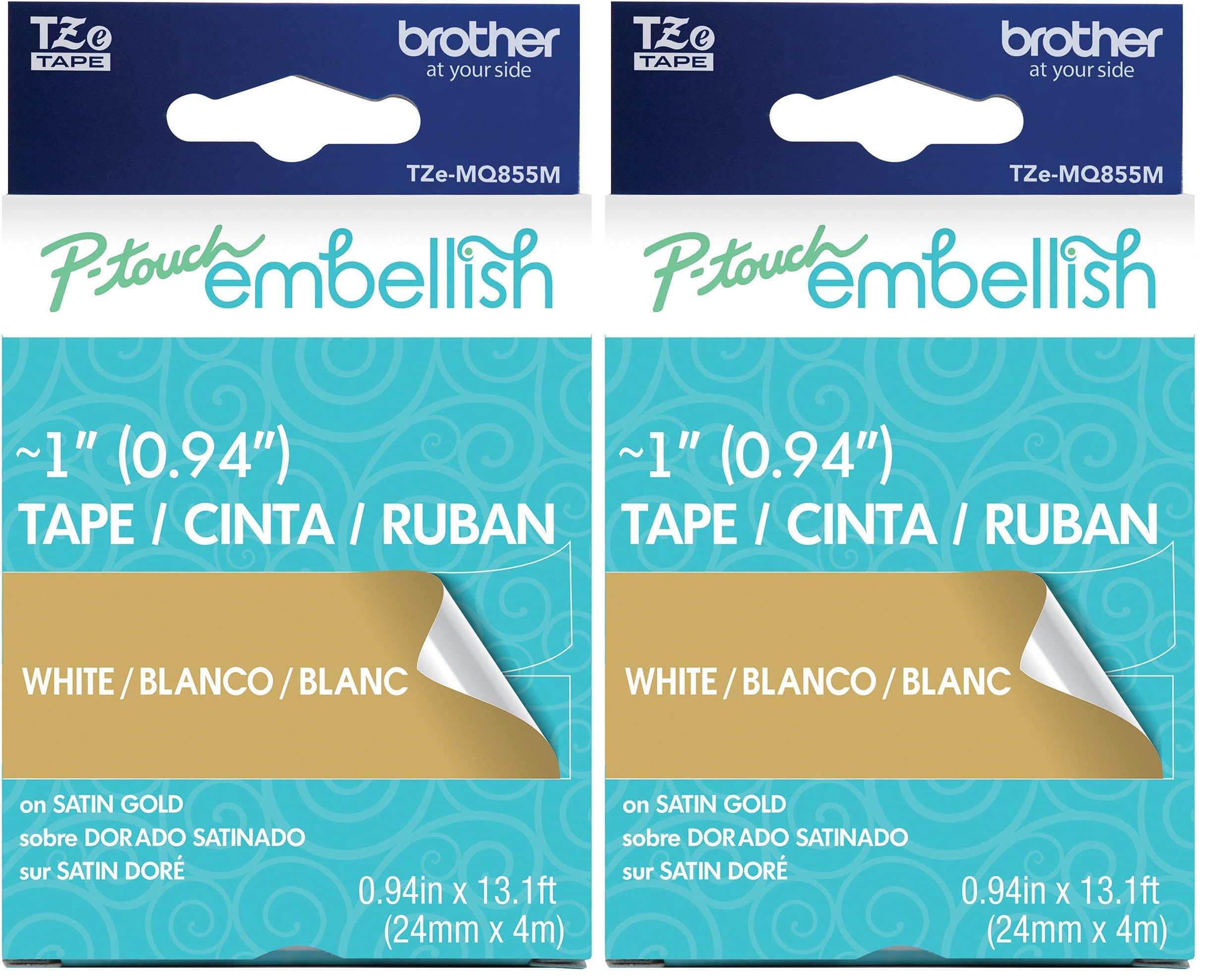 Brother P-Touch Embellish White Print on Satin Gold Tape TZEMQ855M ~1"" Wide x 13.1ft Long (24mm x 4m), TZe-MQ855M (Pack of 2)