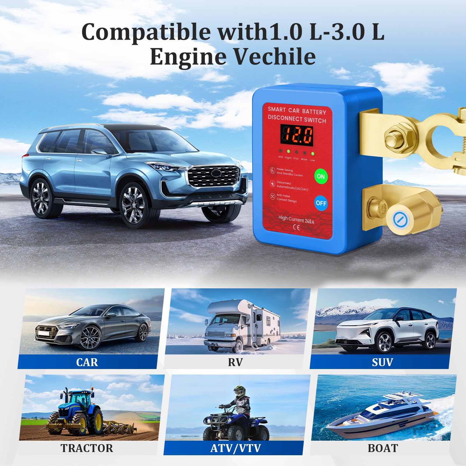 Drahtloser Auto Batterietrennschalter 12V mit Fernbedienung, 240A Drahtloser Fernbatterie-Trennschalter für Autos, Batterie Trennschalter mit Fernbedienung für RV, ATV, LKW, Yacht, Boot (Blue Red) | 12 V 240 A Fernbedienung, automatischer Ausschalter mit