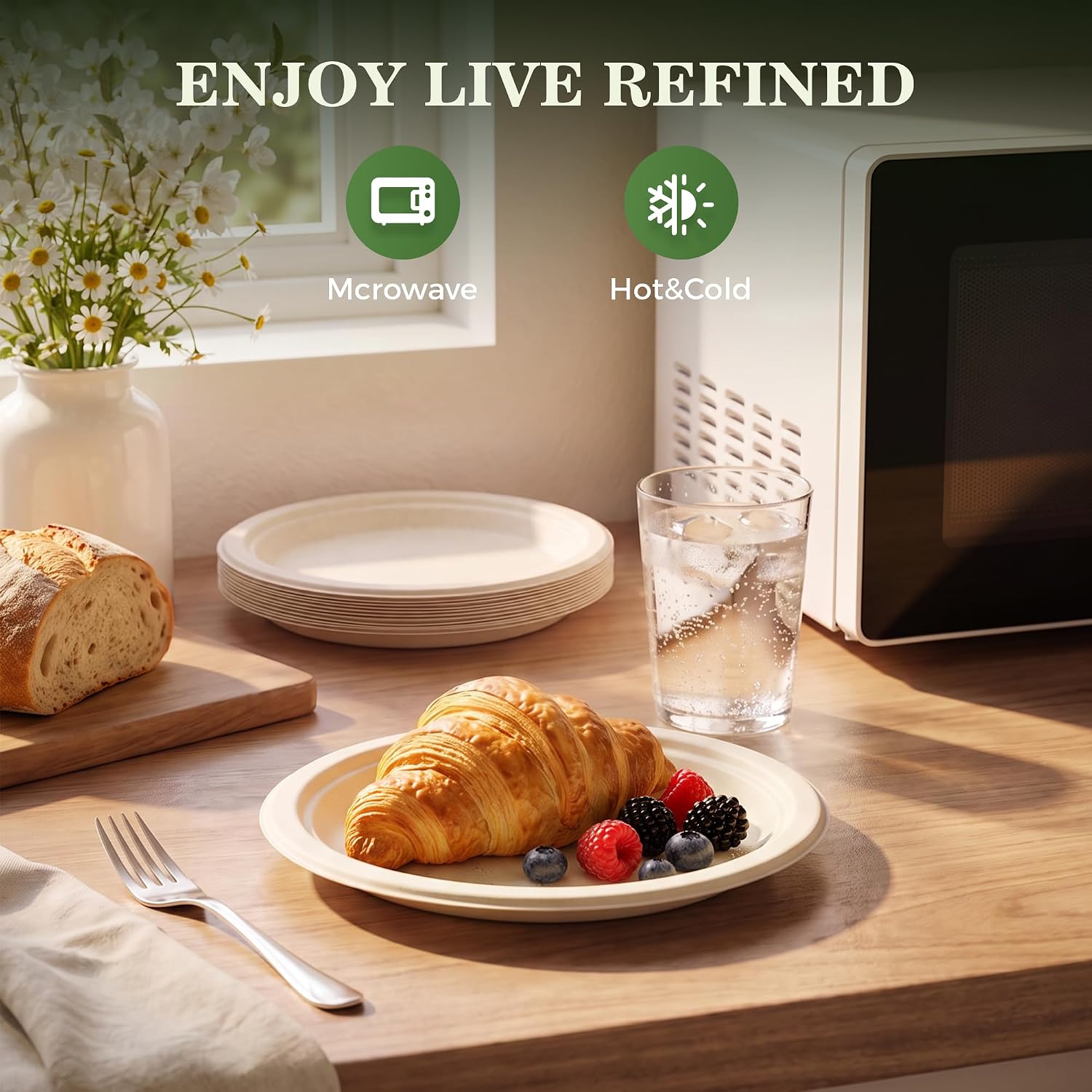 BESTVIP 6 Inch Compostable Sugarcane Paper Plates, Nature,300 Pack image 3