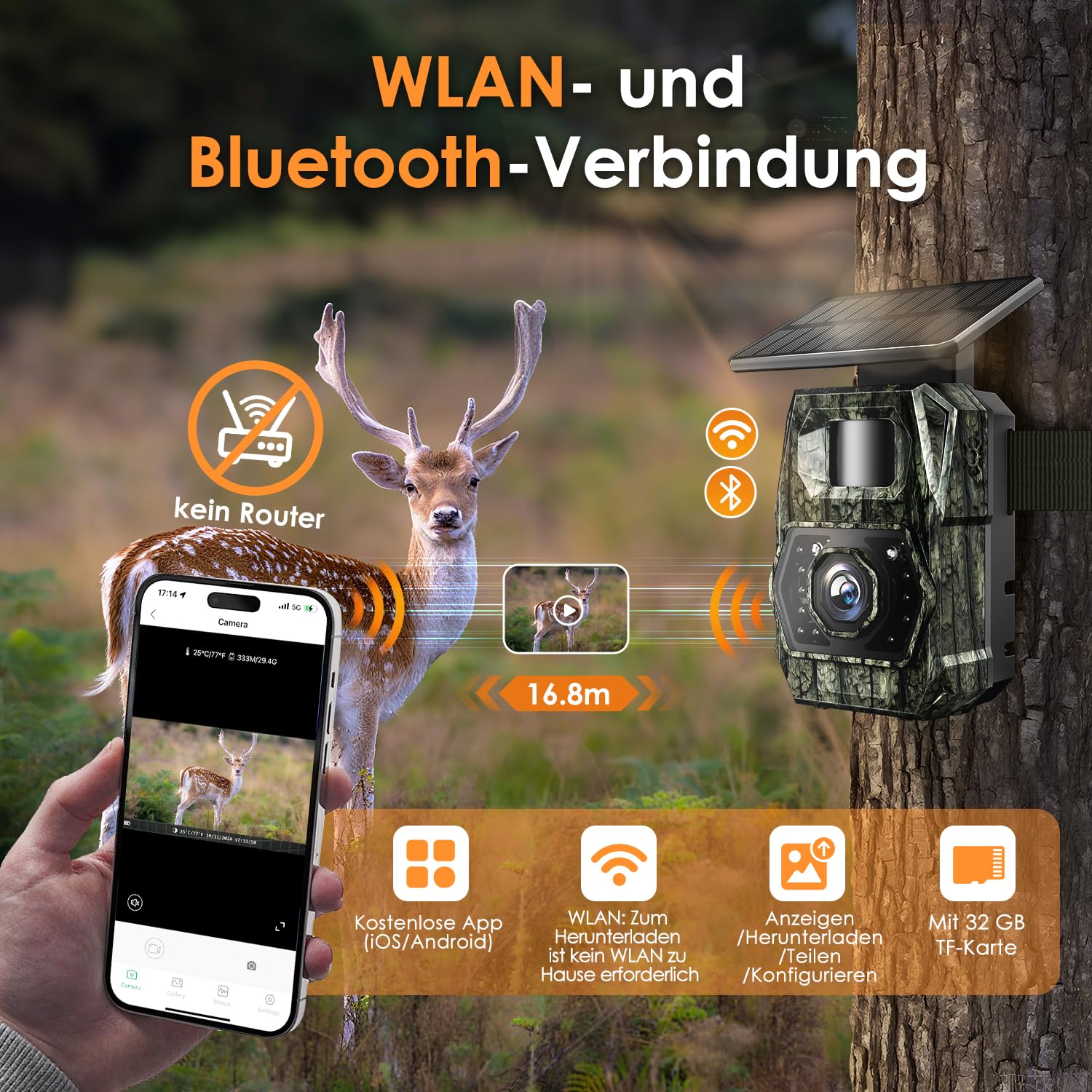 Wildkamera WLAN mit Handyübertragung App, 4K 64MP Solar Akku 5200mAh Bewegungsmelder Nachtsicht 0,1s Auslösezeit Bluetooth IP66