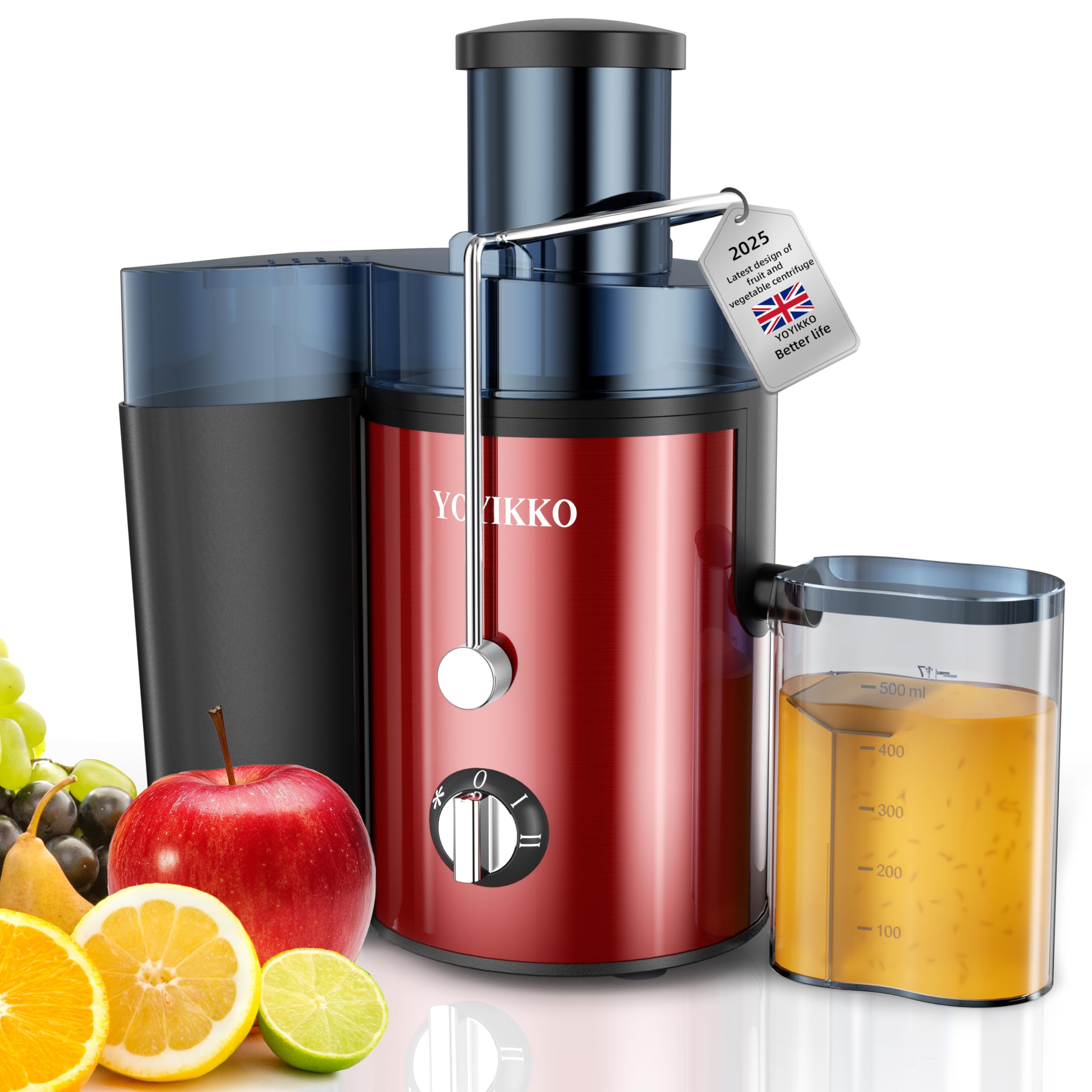 Licuadoras Para Verduras y Frutas, ajuste de 3 velocidades, extractor de frutas y verduras de 800W con boca ancha de 75 mm, fácil de limpiar, acero inoxidable sin BPA (Rojo-60)