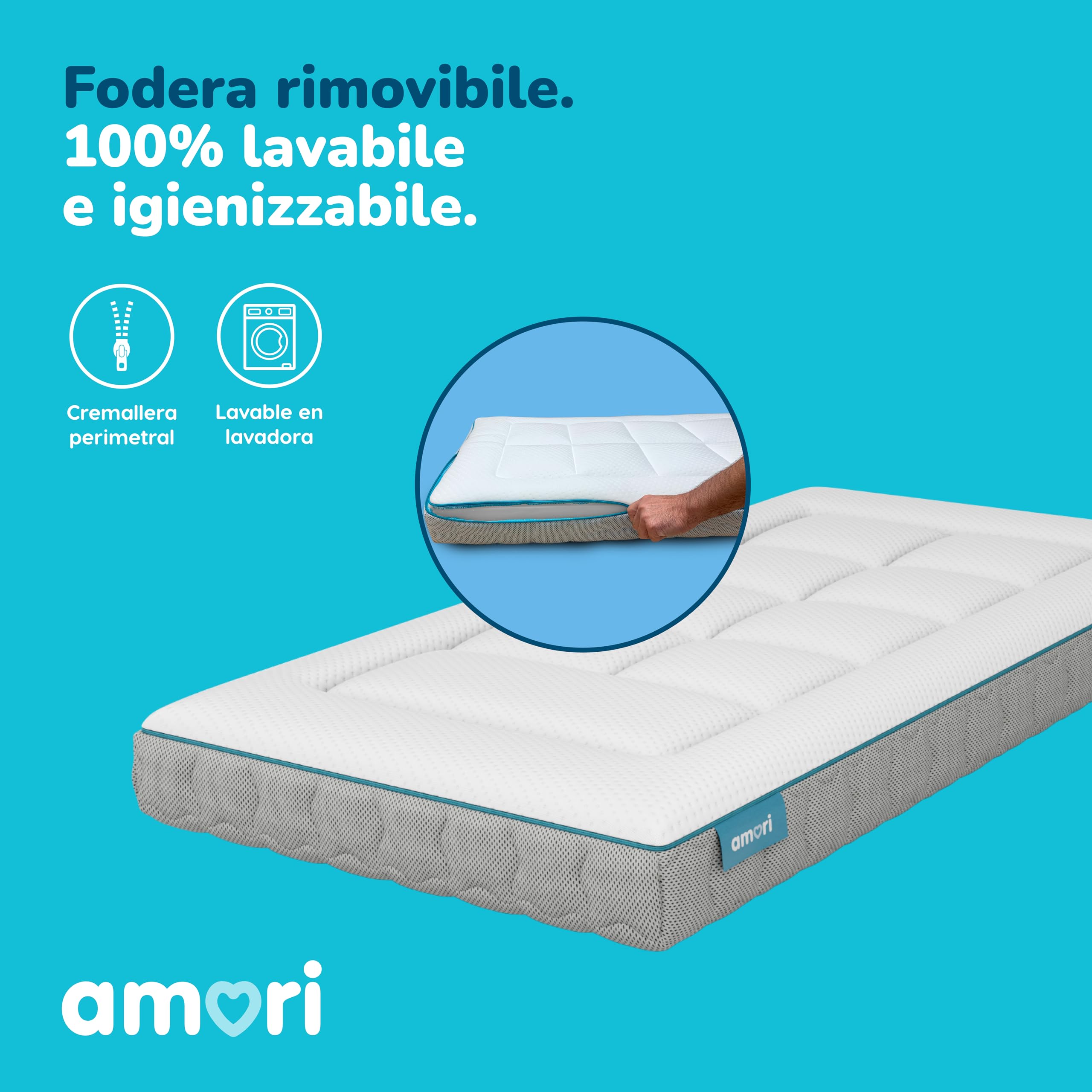 AMORI - Materassino Antisoffoco 117x57 cm per Culla Lettino - Sfoderabile, Anallergico, Antiacaros - Spessore 12 cm - Doppia Faccia Estate/Inverno - Certificato OEKO-TEX - Comfort Plus