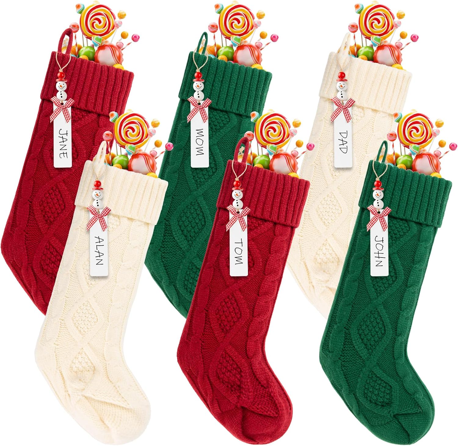 Set of 6 Personalized Christmas Stockings Customizable with Name Large 18" Cable Knit Xmas Stocking Kit Bulk for Fireplace Xmas Trees Family Decor (Red Green White)