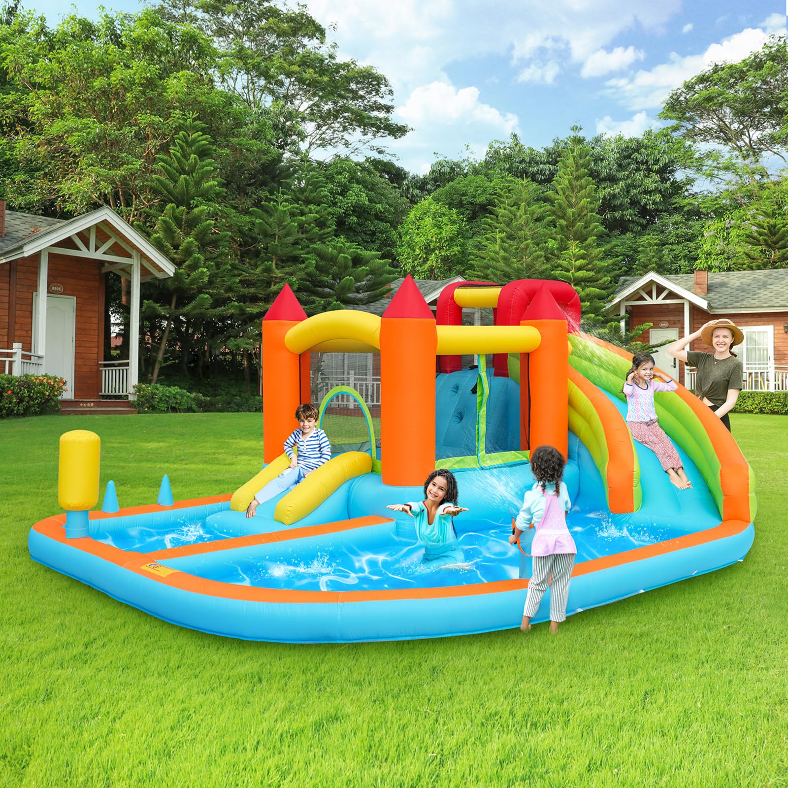 Castillo hinchable con tobogán acuático y trampolín – Parque acuático multifuncional, piscina infantil, canasta de baloncesto, pistolas de agua, soplador de 450 W, 460 x 343 x 190 cm, para interiores