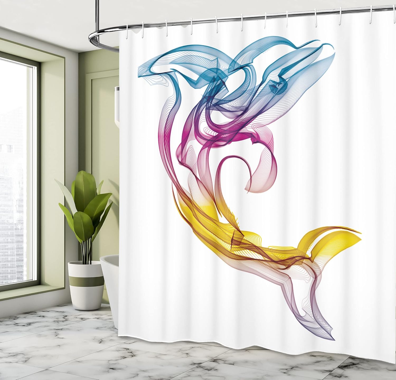 Ambesonne Sea Animals Shower Curtain, Dolphin with Ornamentals Abstract Art Aquatic Animal Illustration Image, Cloth Fabric Bathroom Decor Set with Hooks, 69" W x 70" L, White
