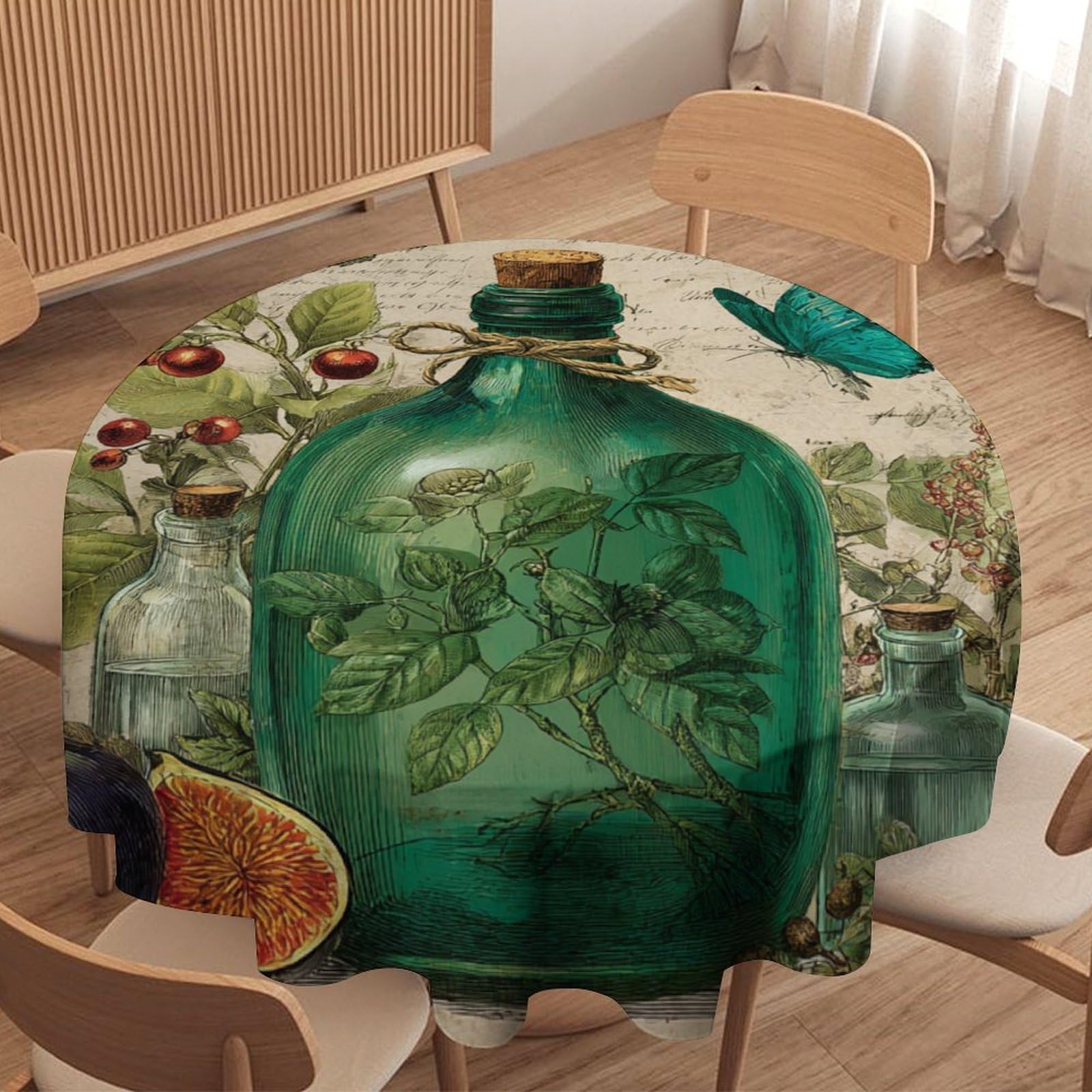 LUYYSKY Beautiful Rustic Green Bottle Round Tablecloth Mid Century Retro Botanical Flowers Mushroom Animal Butterfly Washable Decor for Table Cover for Kitchen-127 Wx127 L cm