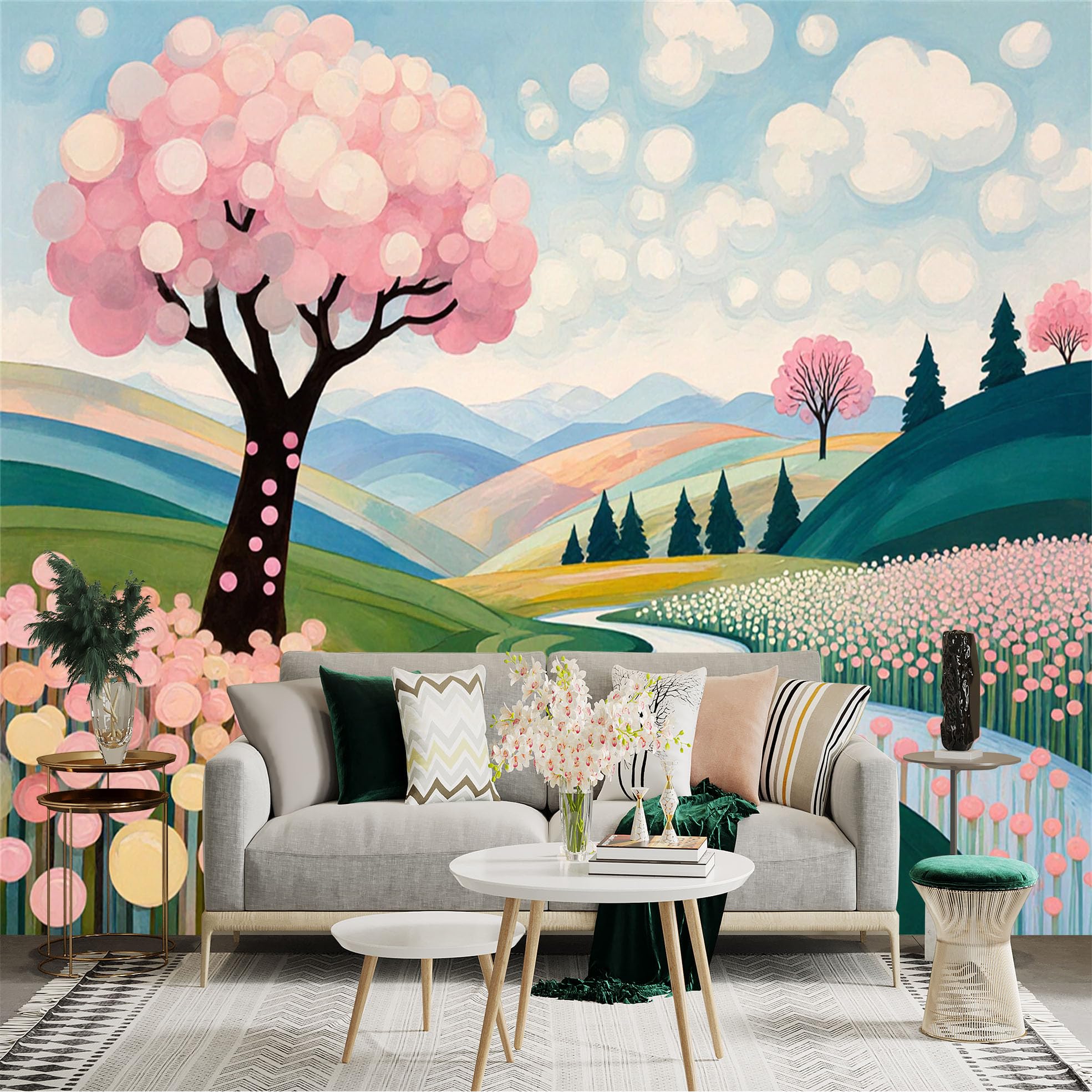 Custom Size Wall Sticker Mural， Pink Blossom Tree with River Hills and Colorful Landscape， for wall Decoration， peelandstick wall Decals.