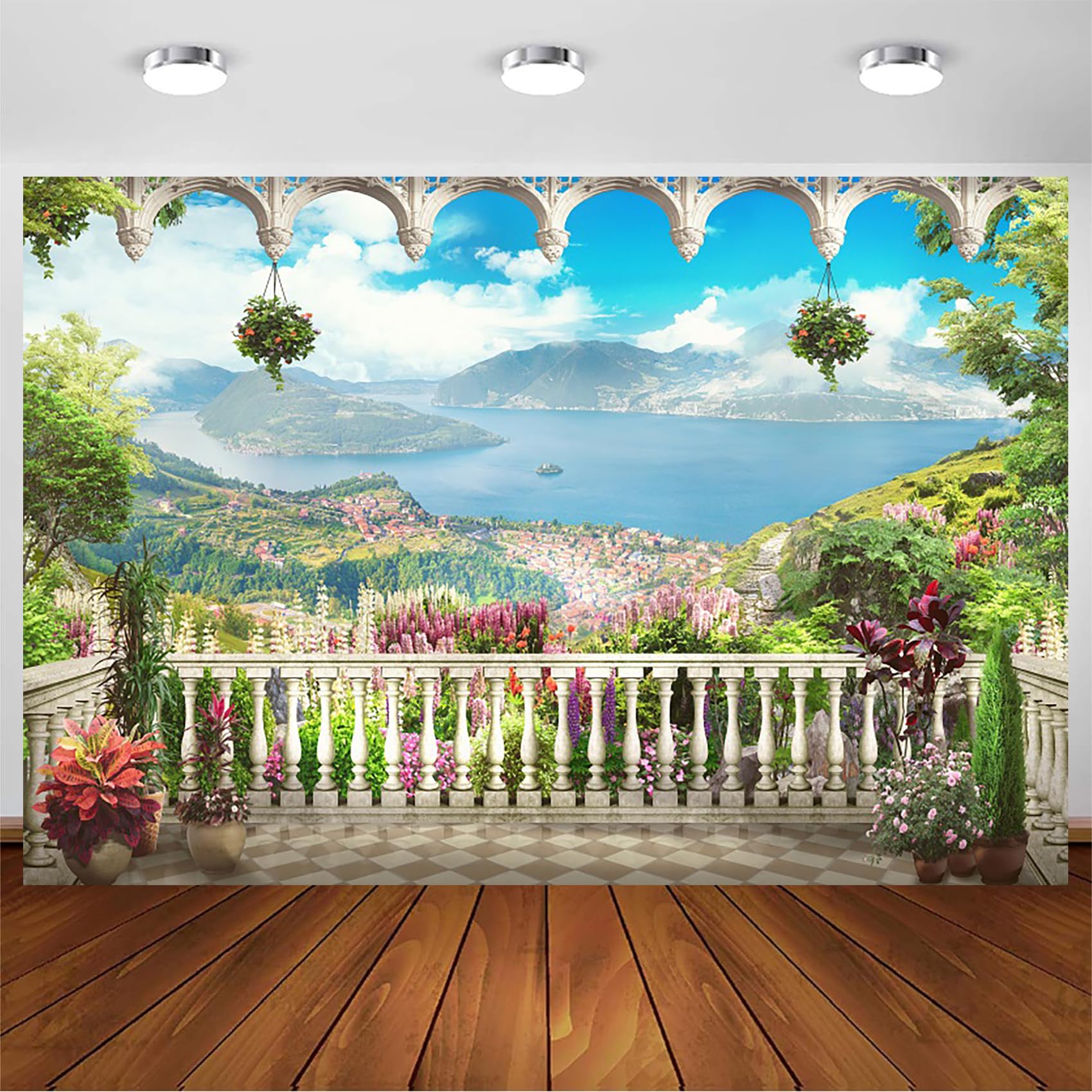 Balkon tło 3,7 x 2,4 m winyl romantyczny pałac balkon ogród natura krajobraz fotografia tło góry morze niebieskie niebo europejski styl pawilon tło do portretu sesji zdjęciowej studio