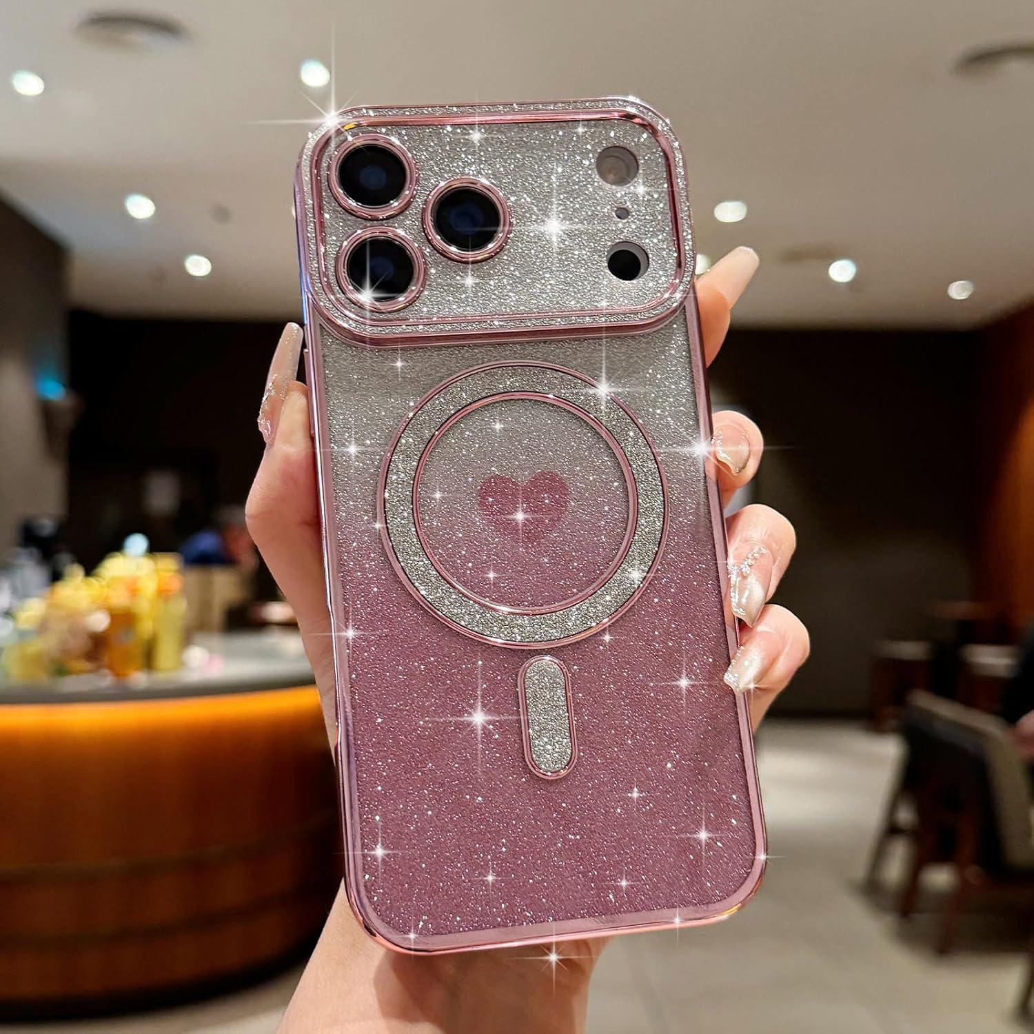 Lafunda Magnetic for iPhone 17 Pro Case Glitter, Cute Love Heart Plating Luxury Sparkle Bling Clear Cover for Women Girls Slim Silicone Camera Protection Shockproof Phone Case for iPhone 17 Pro, Pink - Image 2